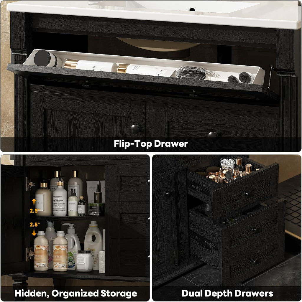 LIKIMIO 36 Inch Bathroom Vanity with Sink, Towel Holder & Adjustable Solid Wood Legs for Uneven Floor, Modern Bathroom Storage Cabinet with Tip-Out Drawer, 2 Drawers & Adjustable Shelf, Black