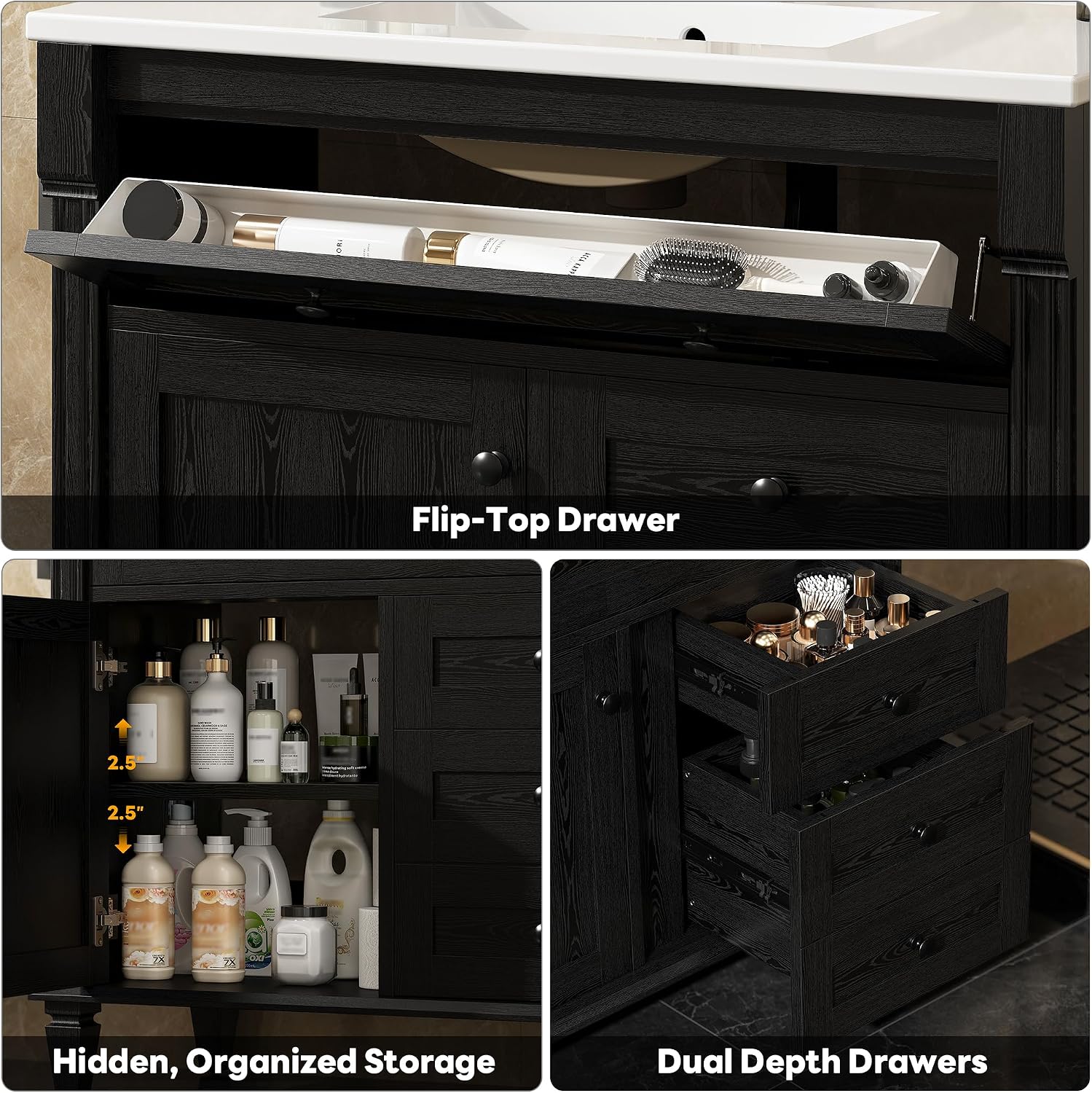 LIKIMIO 36 Inch Bathroom Vanity with Sink, Towel Holder & Adjustable Solid Wood Legs for Uneven Floor, Modern Bathroom Storage Cabinet with Tip-Out Drawer, 2 Drawers & Adjustable Shelf, Black