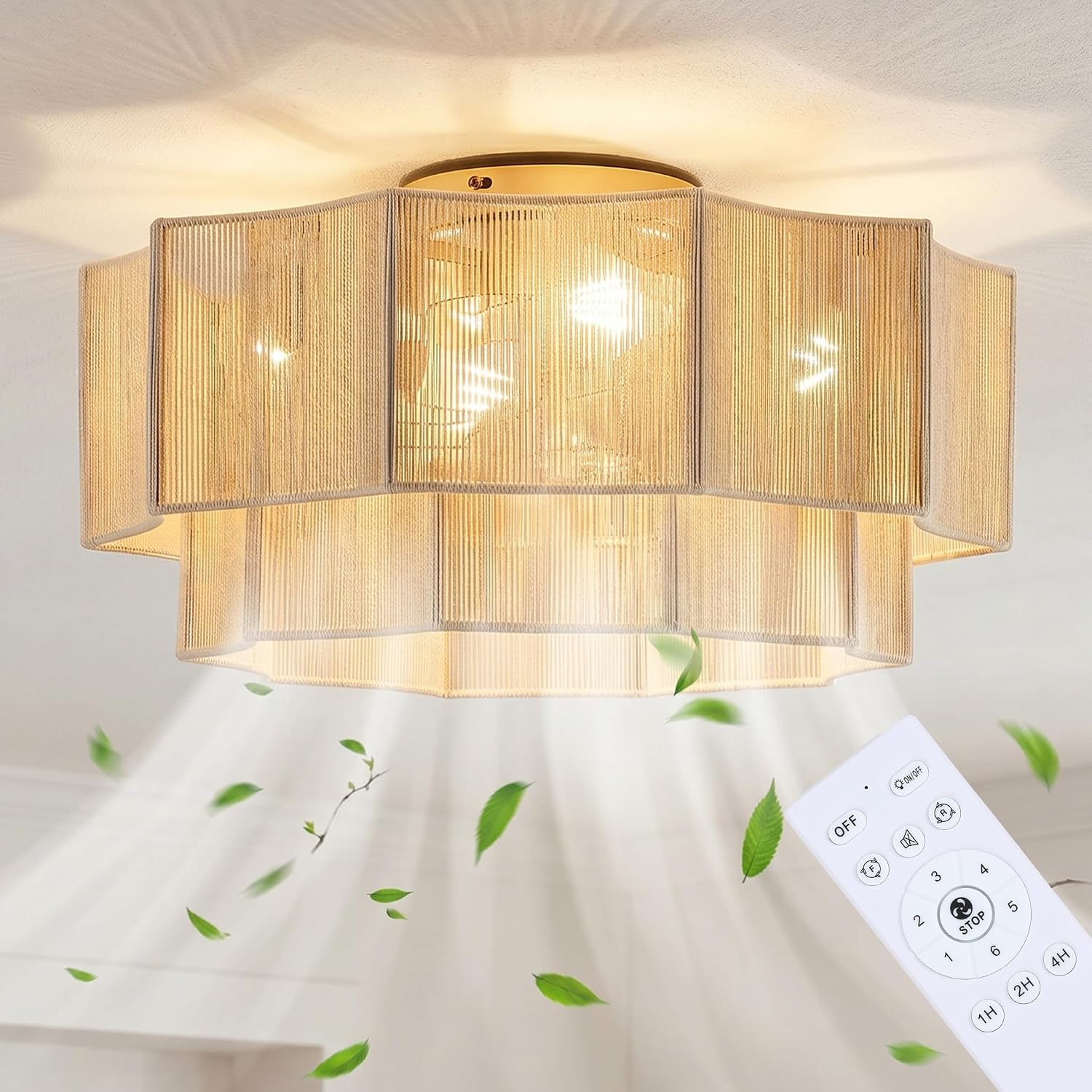 Hand-Woven Bohemian Ceiling Fan with Light, 20' Hexagonal Flush Mount Cotton Fan, Quiet DC Motor with Remote, 6-Speed Reversible Airflow, Transparent Blades for Bedroom Living Room Nursery