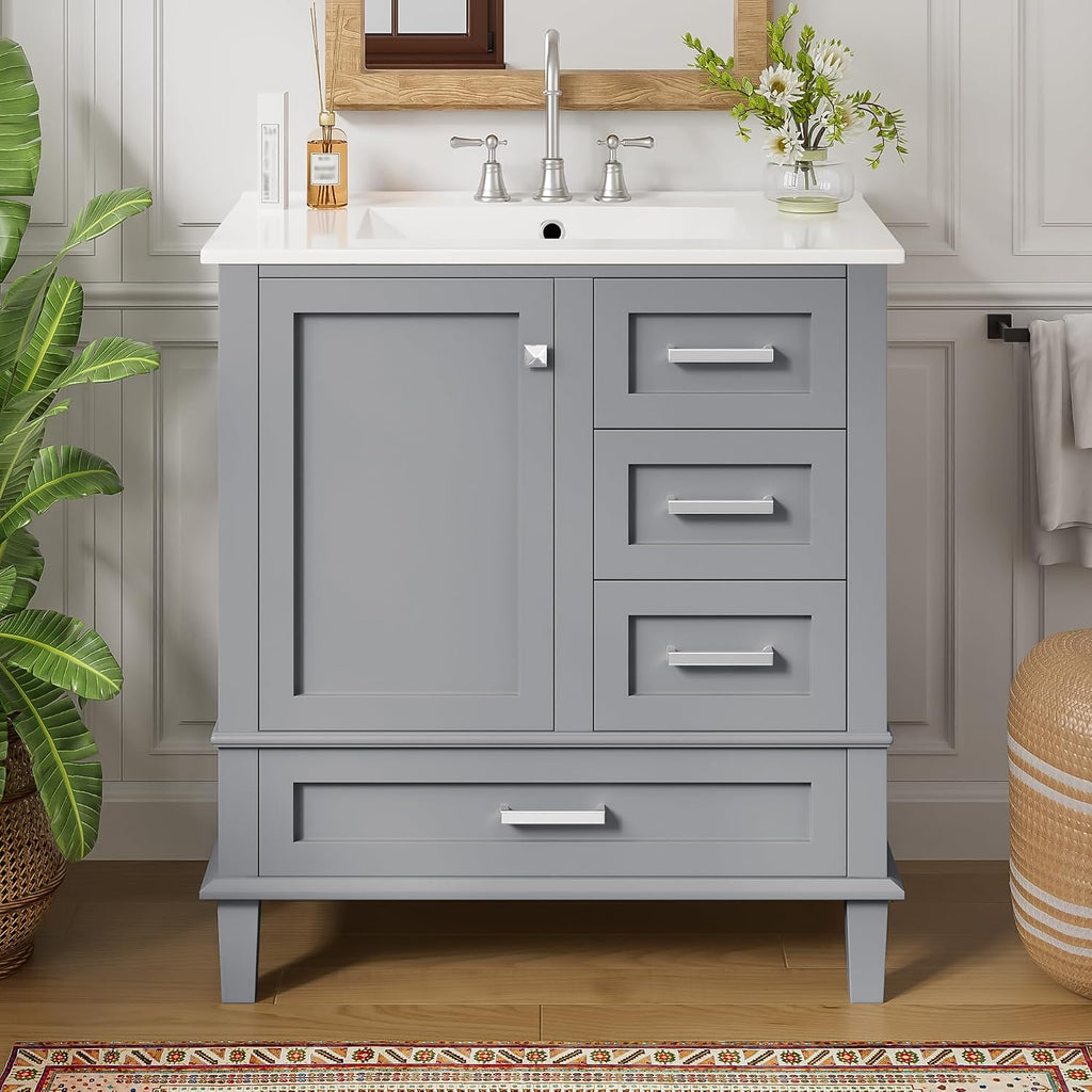 Mirightone 30' Bathroom Vanity with Sink, 30 Inch Bathroom Vanity with Top, 3 Drawers and 1 Soft Closing Door, Modern Bathroom Vanity with Sink 30 Inch for Bathroom (Grey)