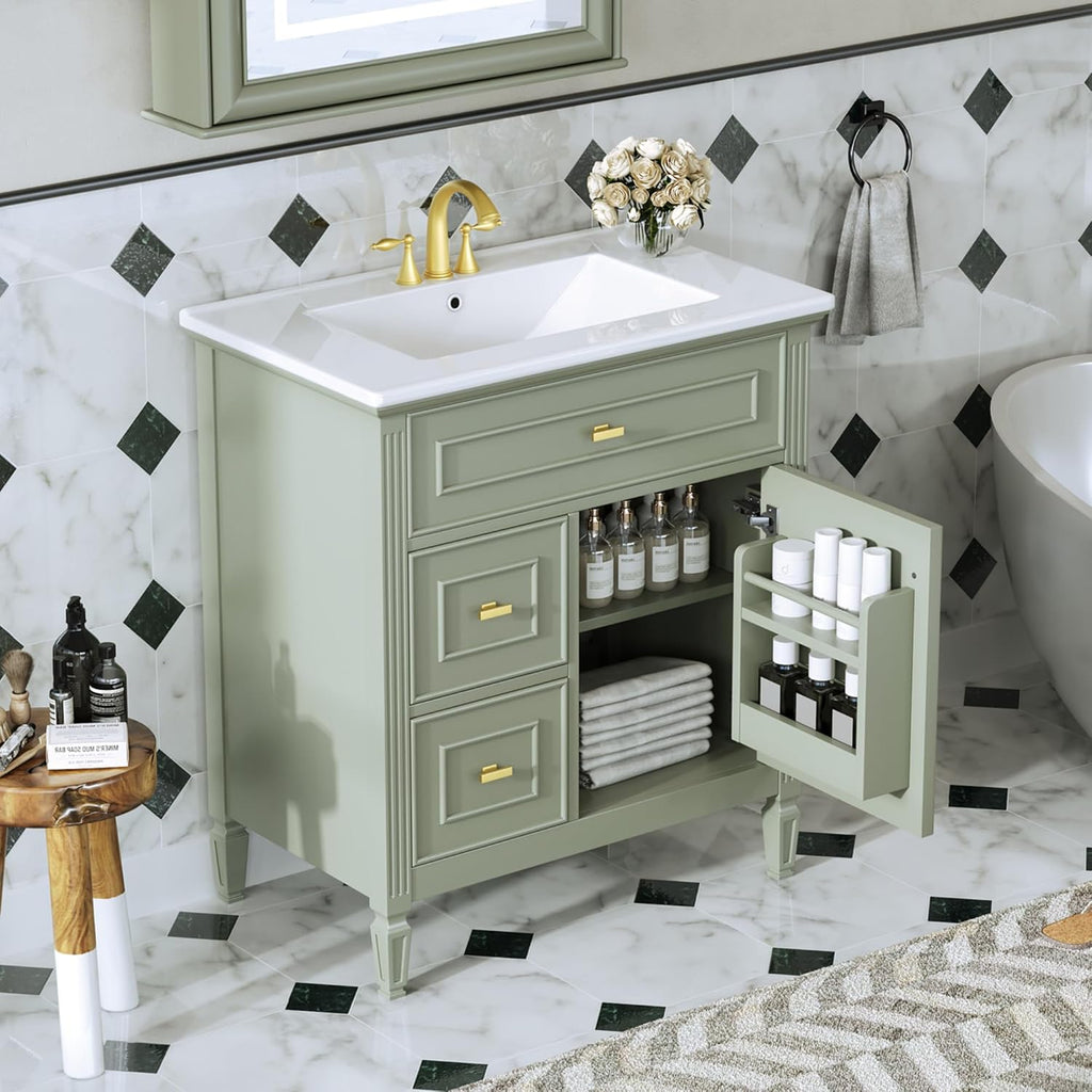 30' Bathroom Vanity with Ceramic Sink Top, Tip-Out Drawer and Two Left Side Drawers, Adjustable Shelf, Solid Wood Legs, Soft-Closing Door and Rack Shelf, Green