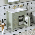 30' Bathroom Vanity with Ceramic Sink Top, Tip-Out Drawer and Two Left Side Drawers, Adjustable Shelf, Solid Wood Legs, Soft-Closing Door and Rack Shelf, Green