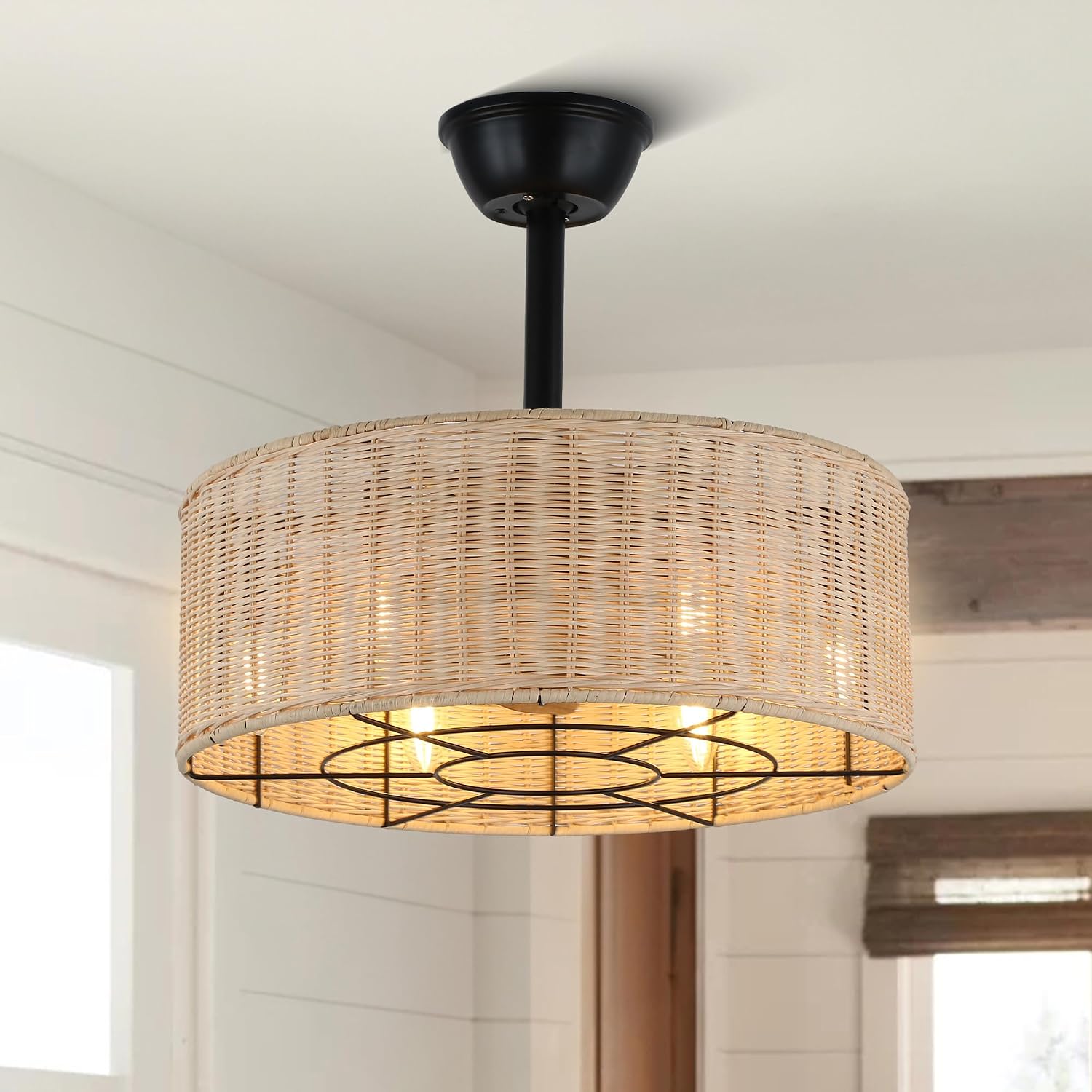 18'' Boho Rattan Caged Ceiling Fan with Light and Remote, Flush Mount Retro Fandelier with Lights, 6-Speed Reversible Silent,Boho Ceiling Fan for Bedroom Kitchen