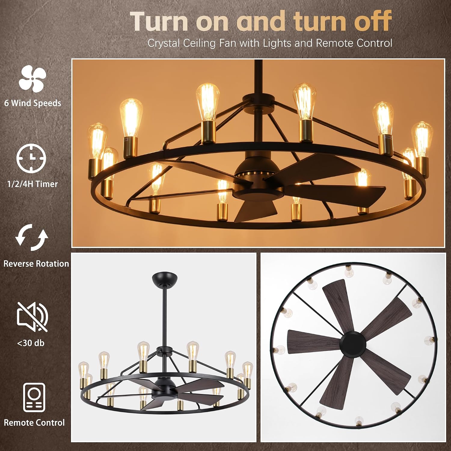 44'' Ceiling Fan with Light, Black Gold Wagon Wheel Chandelier, Large Farmhouse Fandelier Light Fixture, Chandelier for Living Room, Dining Room, Adjustable High Ceilings