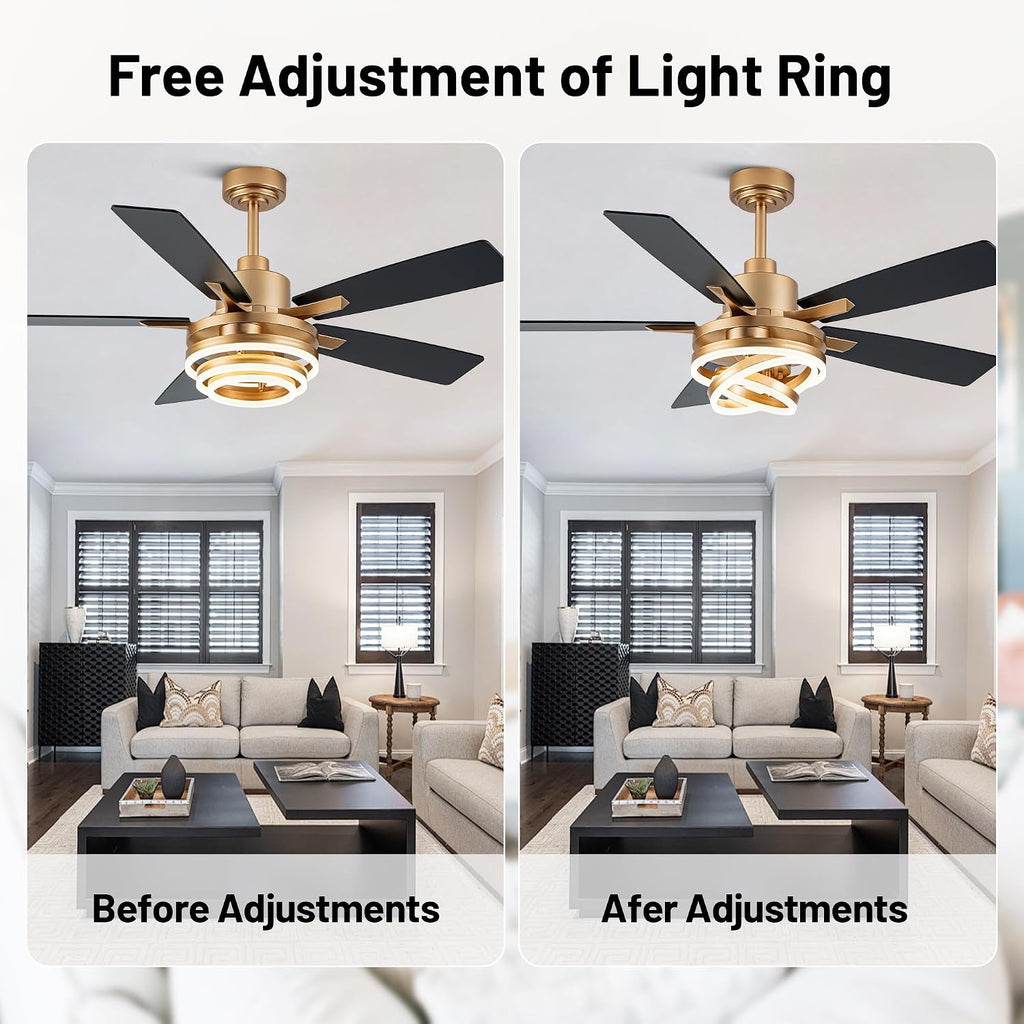 52' Ceiling Fans with Lights,Chandelier Fan with 6-Speed Dimmable LED and Reversible DC Motor,DIY Rings LED,Fandelier Ceiling Fan with 5 Dual Finish Blades for Living Room/Bedroom