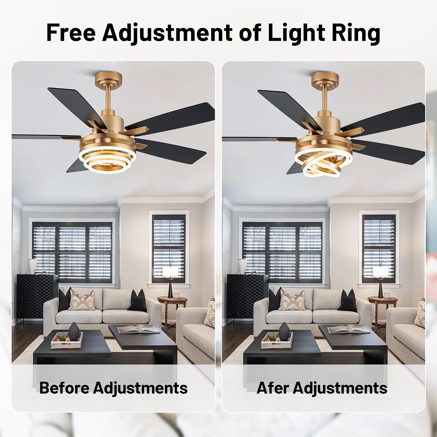 52' Ceiling Fans with Lights,Chandelier Fan with 6-Speed Dimmable LED and Reversible DC Motor,DIY Rings LED,Fandelier Ceiling Fan with 5 Dual Finish Blades for Living Room/Bedroom