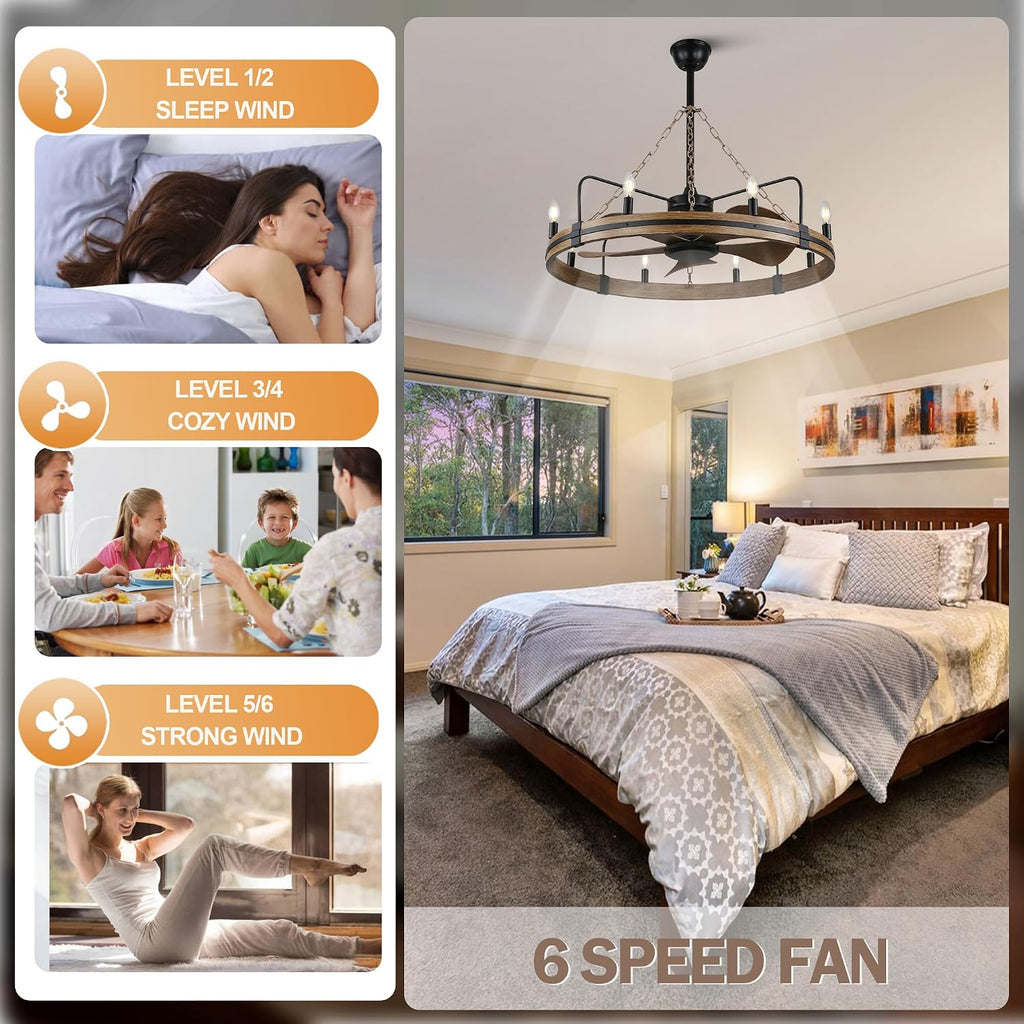 36 Inch Wagon Wheel Chandelier Ceiling Fan with Lights and Remote, Rustic Ceiling Fan Light Farmhouse Fandelier for Bedroom Living Room Dining Room, 8 E12 Bulbs, Reversible DC Motor 6 Speeds