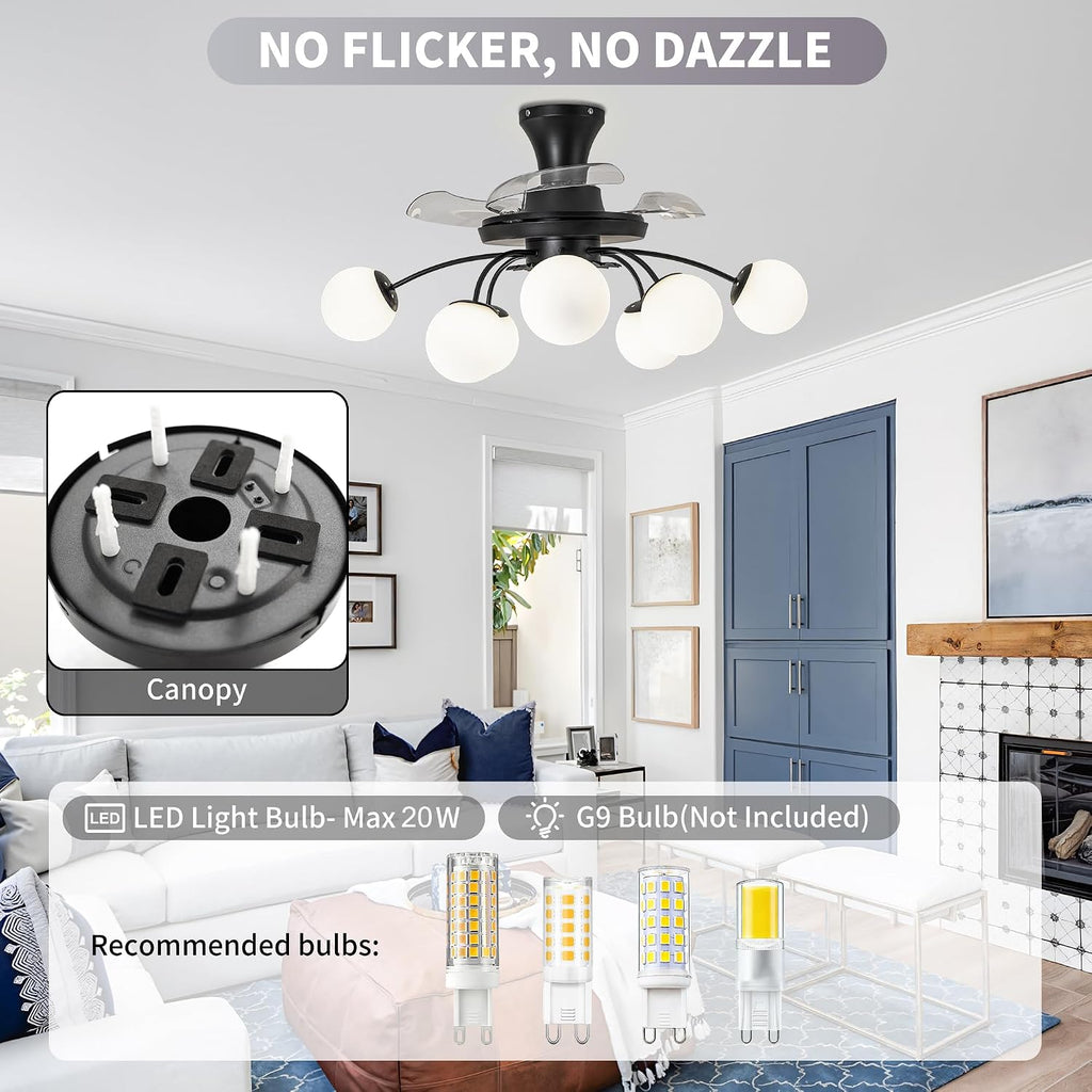 8-Light Bubble Fandelier, Black and White Glass Globe, 34 Inches | Sputnik Design, 3 Retractable Hidden Blades, 6 Speeds Reversible Motor, Remote & Timer, Ceiling Fan with Light