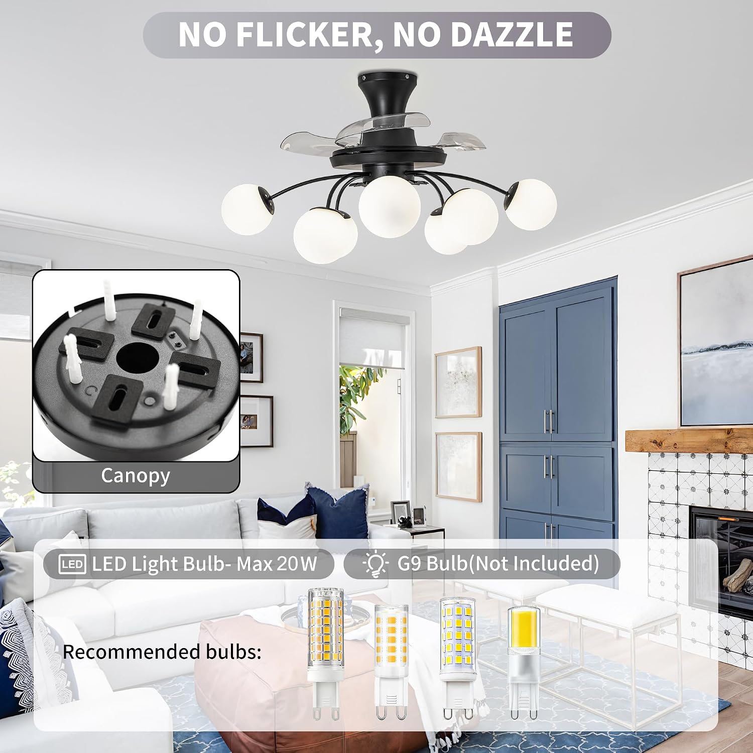 8-Light Bubble Fandelier, Black and White Glass Globe, 34 Inches | Sputnik Design, 3 Retractable Hidden Blades, 6 Speeds Reversible Motor, Remote & Timer, Ceiling Fan with Light