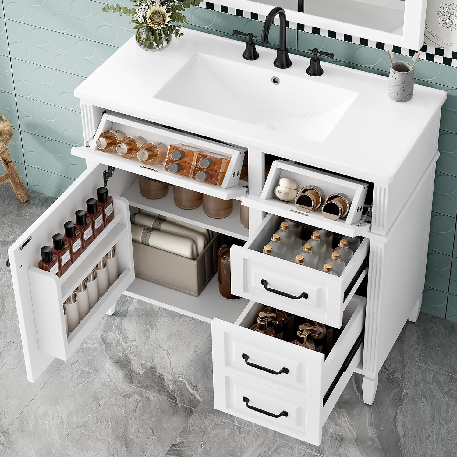 36' Bathroom Vanities with Sink Top, Bathroom Cabinet with Soft-Closing Door with Rack, 4 Drawers(with Tip-Out Drawers), Adjustable Shelf, Solid Wood Frame, White
