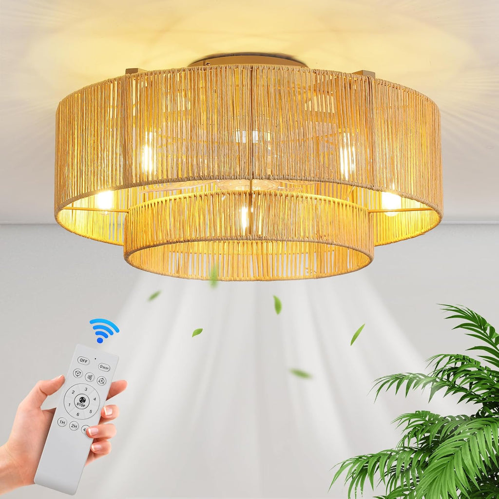 RUIYEY Boho Ceiling Fan with Light: 20 inch Low Profile Ceiling Fans with Remote Control, 5 Blades 6 Speeds DC Reversible E12 5 Light Flush Mount Rattan Ceiling Light Fixtures for Bedroom Kitchen