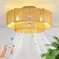 RUIYEY Boho Ceiling Fan with Light: 20 inch Low Profile Ceiling Fans with Remote Control, 5 Blades 6 Speeds DC Reversible E12 5 Light Flush Mount Rattan Ceiling Light Fixtures for Bedroom Kitchen