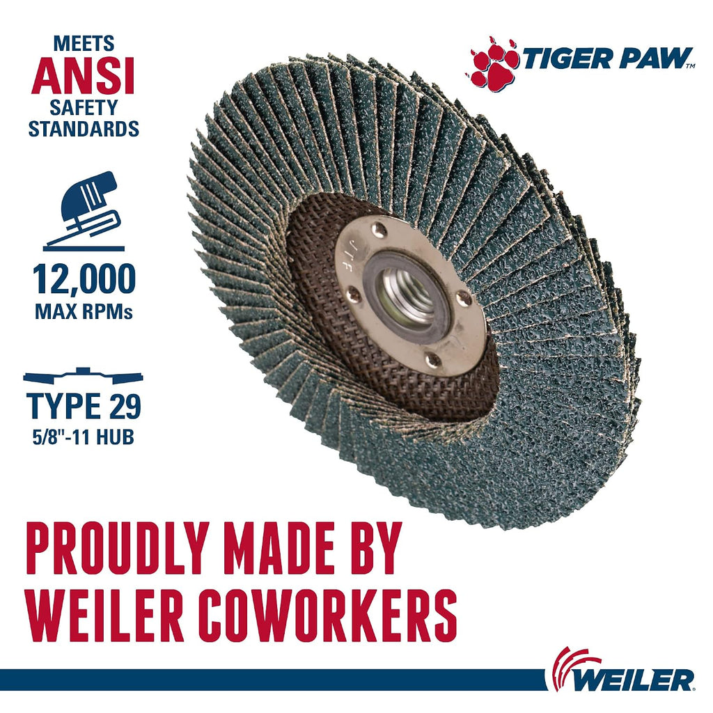 Weiler 51153 5' Tiger Paw Abrasive Flap Disc, Conical (Ty29), Phenolic Backing, 36Z, 5/8'-11 UNC Nut (Pack of 10)