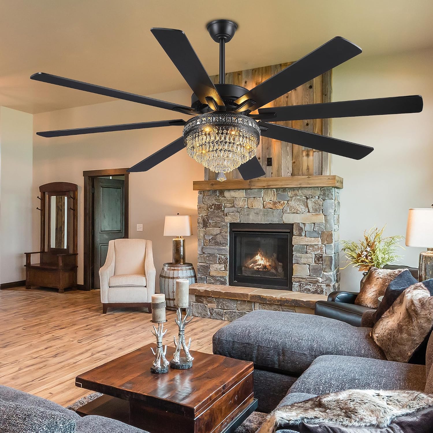 GJeg Crystal Ceiling Fan Fandelier with Lights - Outdoor Ceiling Fans with Remote Control, Farmhouse Ceiling Fan with Noiseless DC Reversible Motor,Dining Room,Living Room(72' Black)
