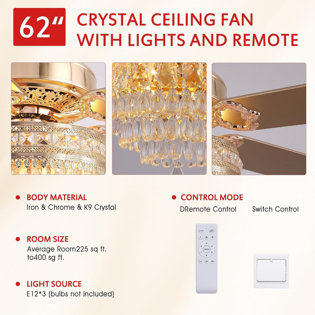 GJeg Crystal Ceiling Fan Fandelier with Lights - Retro Outdoor Fans with Remote Control, Farmhouse Ceiling Fan with Noiseless DC Reversible Motor,Dining Room,Living Room(62' Gold)