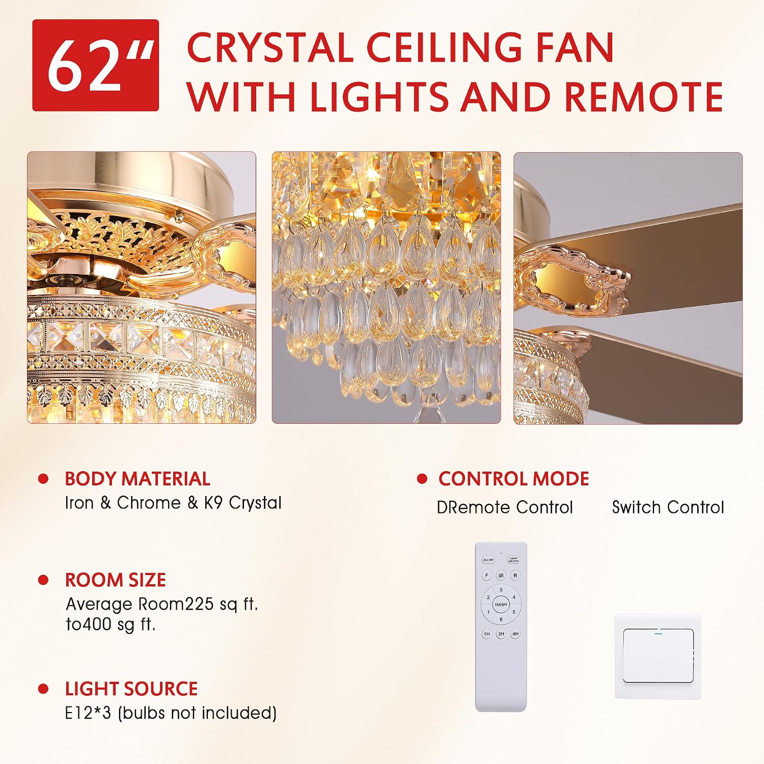 GJeg Crystal Ceiling Fan Fandelier with Lights - Retro Outdoor Fans with Remote Control, Farmhouse Ceiling Fan with Noiseless DC Reversible Motor,Dining Room,Living Room(62' Gold)