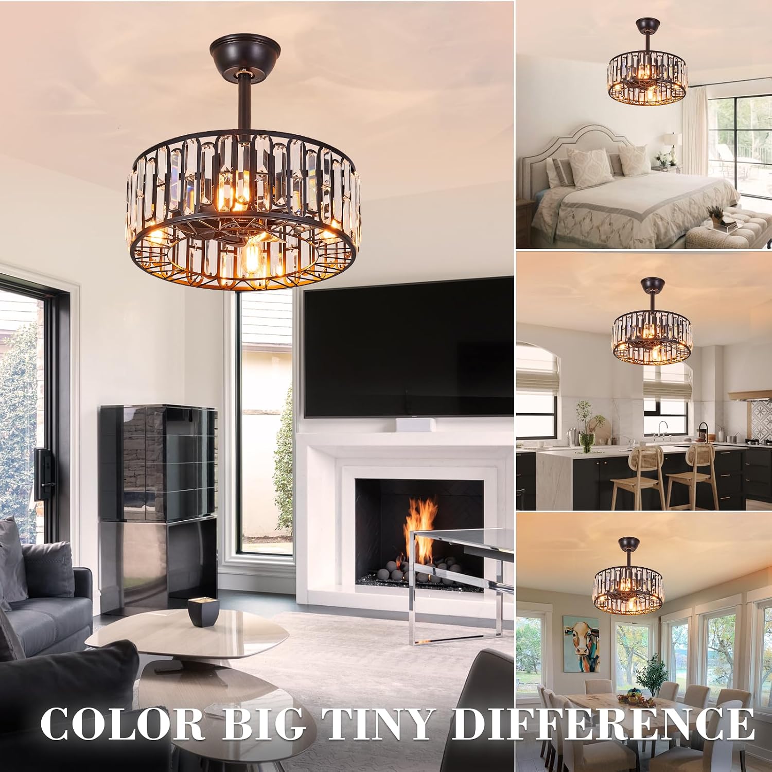 18.2' Modern Crystal Ceiling Fan with Light Black Crystal Fandelier Light Caged Ceiling Fan Light with Remote Reversible Industrial Chandelier Fan for Bedroom Living Room Dining Room Entry foryer
