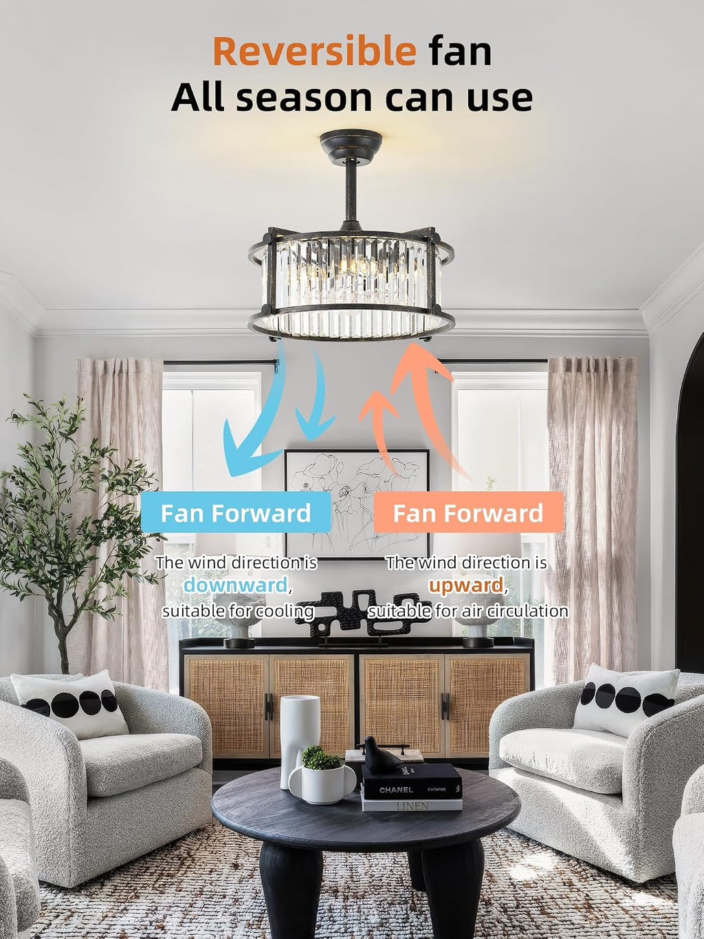 20' Farmhouse Rustic Crystal Fandelier Ceiling Fans with Lights, Black Crystal Industrial Chandelier Ceiling Fan with Light and Remote, Caged with 6 Speeds for Bedroom, Nursery, Living Room