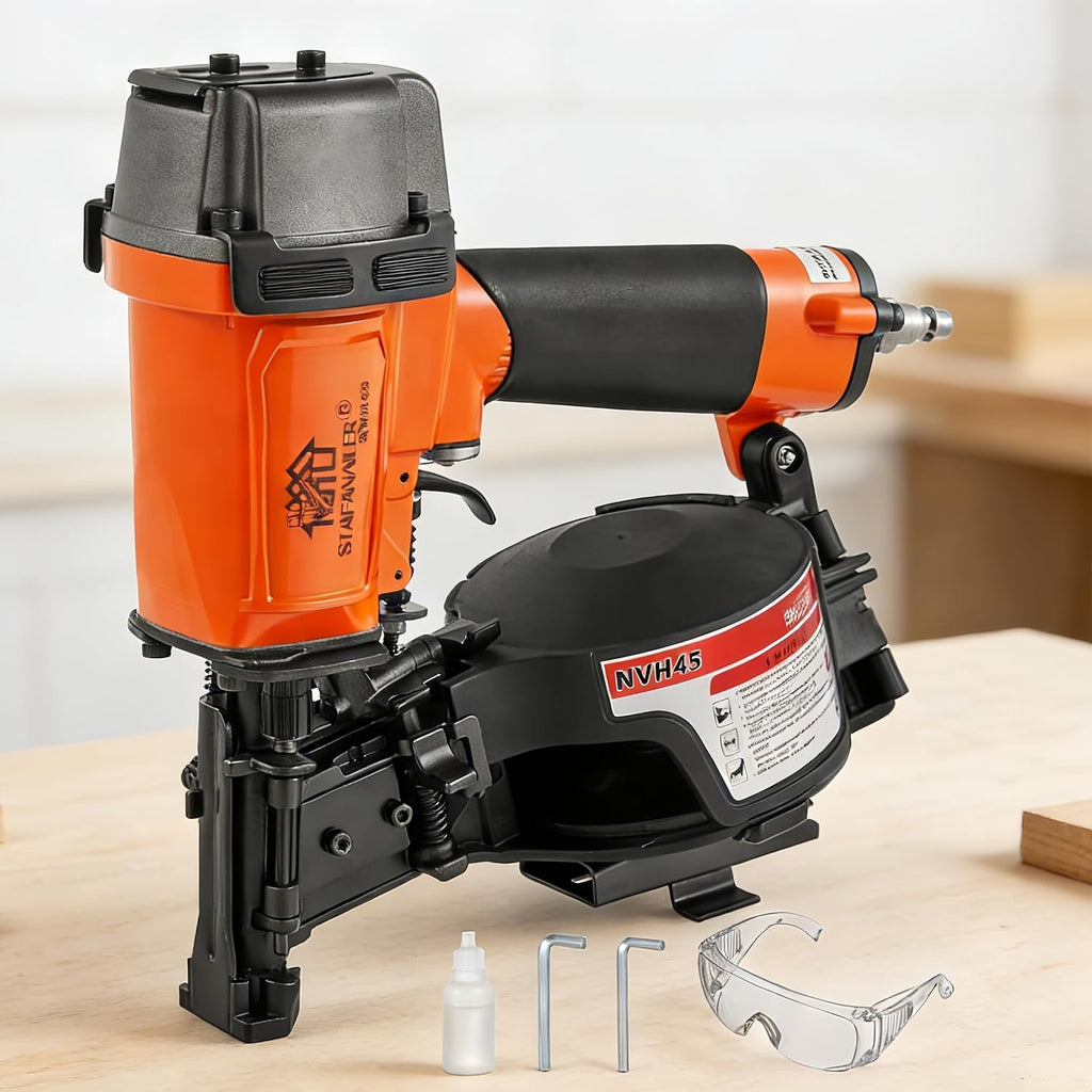 NVH45 Roofing Nail Gun, 15 Degree Pneumatic Pistola De Roofing, 7/8' to 1-3/4' Nails Compatibility, 3/8 NPT Air Connector, 120-Pcs Load Capacity for Roofing Constructions (Org-Blk Ver)