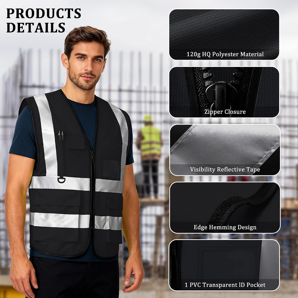 Custom Safety Vest, High Visibility Reflective Personalized Vest with Logo and Pockets for Men Women Construction