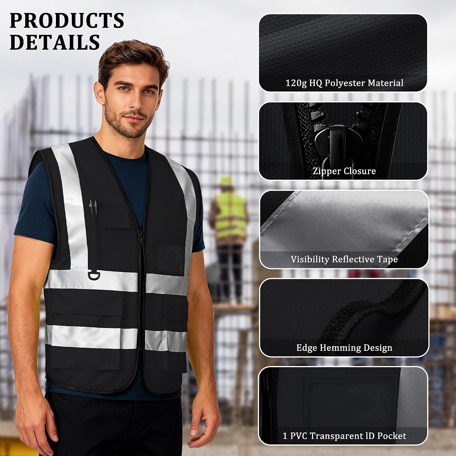 Custom Safety Vest, High Visibility Reflective Personalized Vest with Logo and Pockets for Men Women Construction