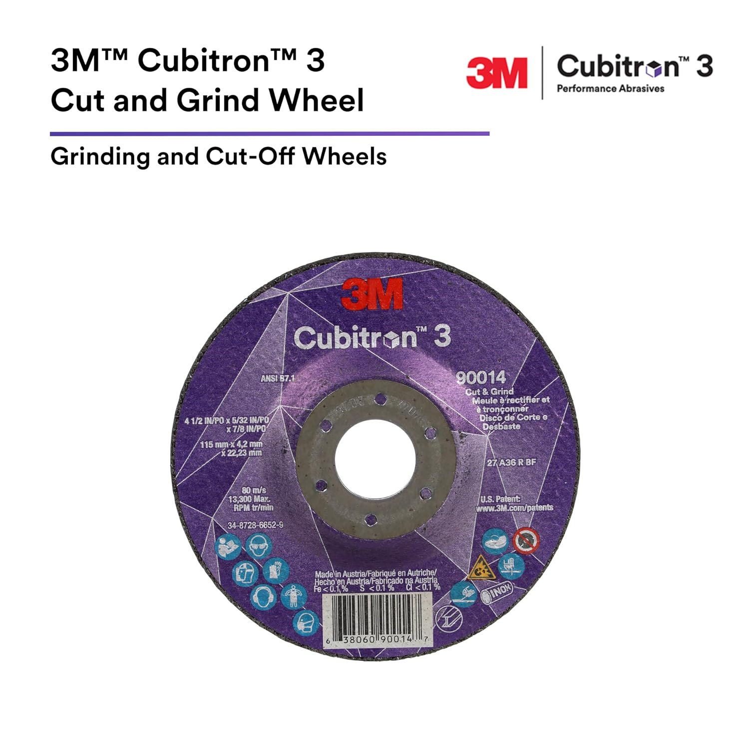 3M Cubitron 3 Cut and Grind Wheel, 88990, 36+, T27, 5 in x 1/8 in x 5/8 in-11, Pack of 10, ANSI, Longer Life, Faster Cut, Back-Gouging, Fillet Weld Removal, Cutting, Grinding