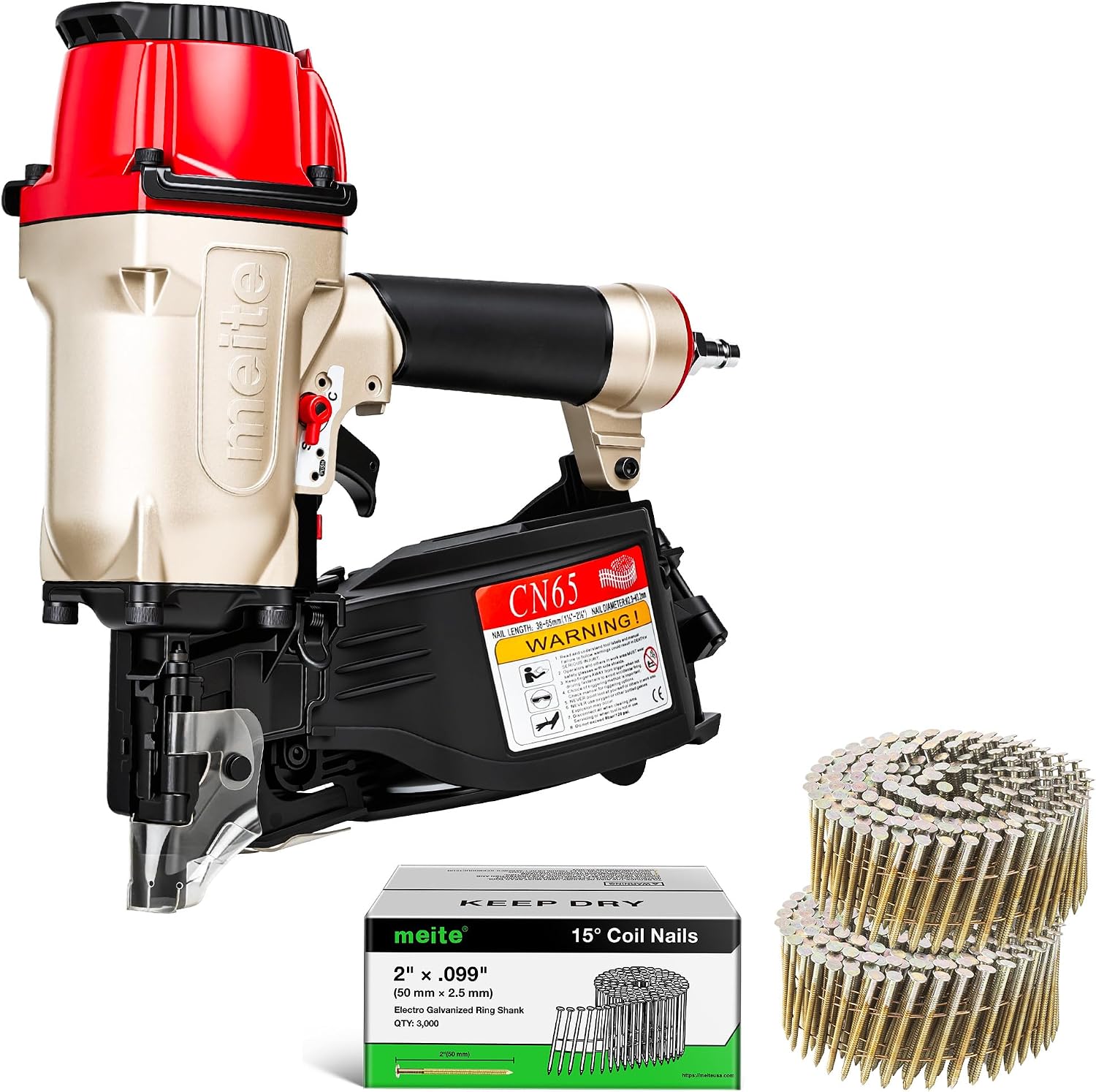 meite CN65 Pneumatic Coil Nailer with 15 Degree Siding Nails 2' × .099'' - Air Coil Nail Gun with 300PCS Magazine, 360° Adjustable Exhaust for Framing Sheathing Pallets Hardwood Projects