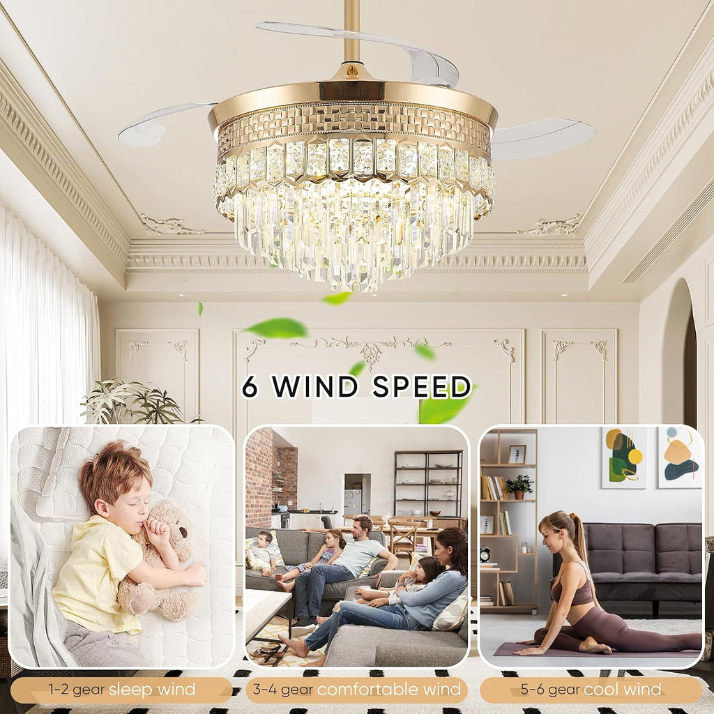 42' Chandelier Ceiling Fan with Lights,Crystal Fandelier Ceiling Fan with Retractable Blades,Chandelier Fans for Bedroom Living Room,6 Speeds,3 Color Temperatures,Remote & APP Control-Gold