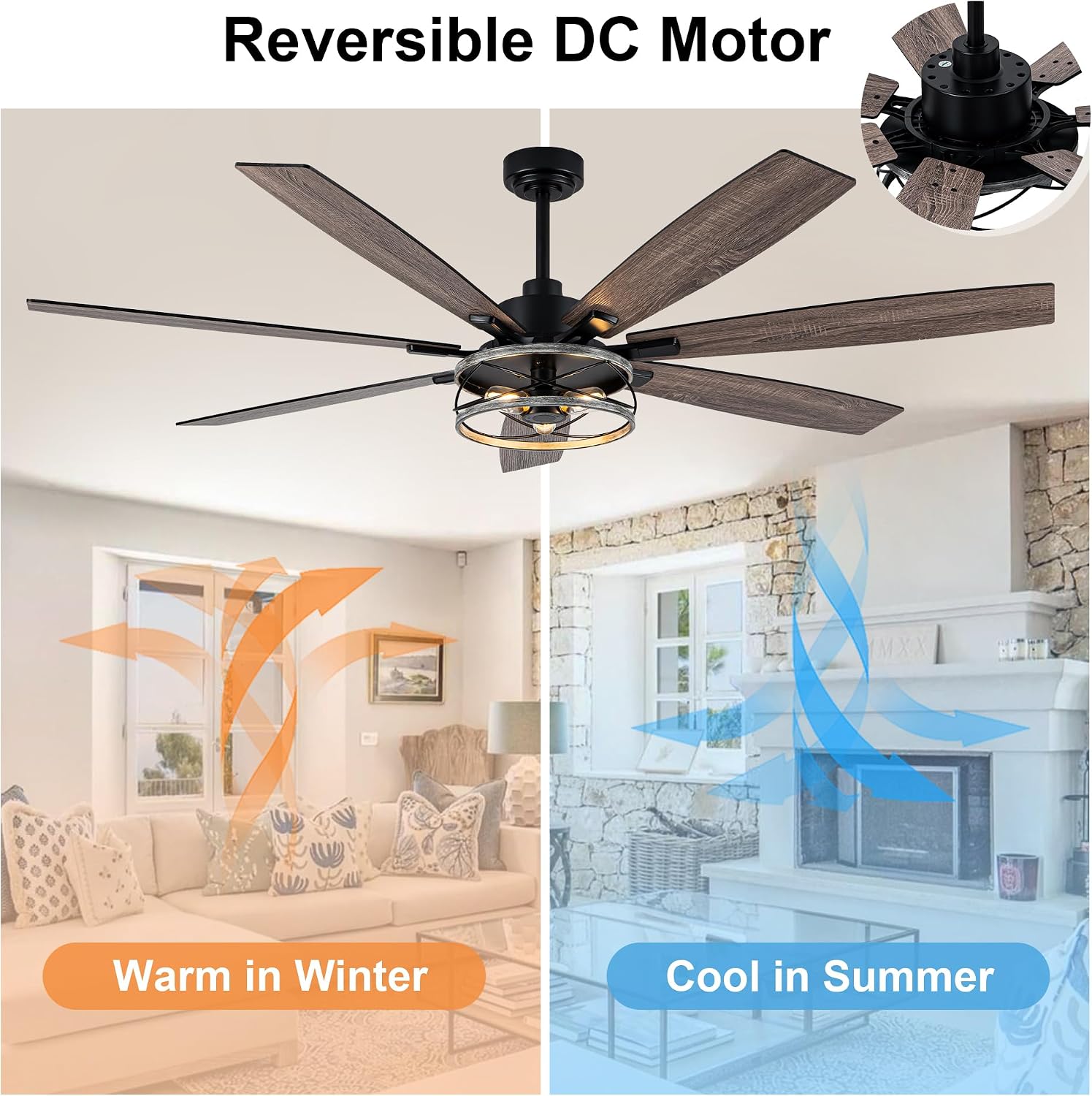 72 Inch Farmhouse Ceiling Fan with Lights Large Rustic Ceiling Fan Wood Caged Fandelier Chandelier Light for Indoor Outdoor, 7 Dual Blades 3 E26 Bulbs, Reversible Quiet DC Motor 6 Speeds