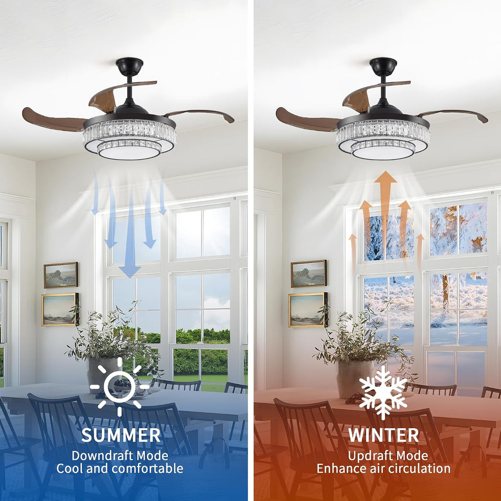 48 Inch Invisible Crystal Chandelier Fan with Remote Control, Modern Retractable Ceiling Fan Light, Black Fandelier for Bedroom, Living Room, Home Decor