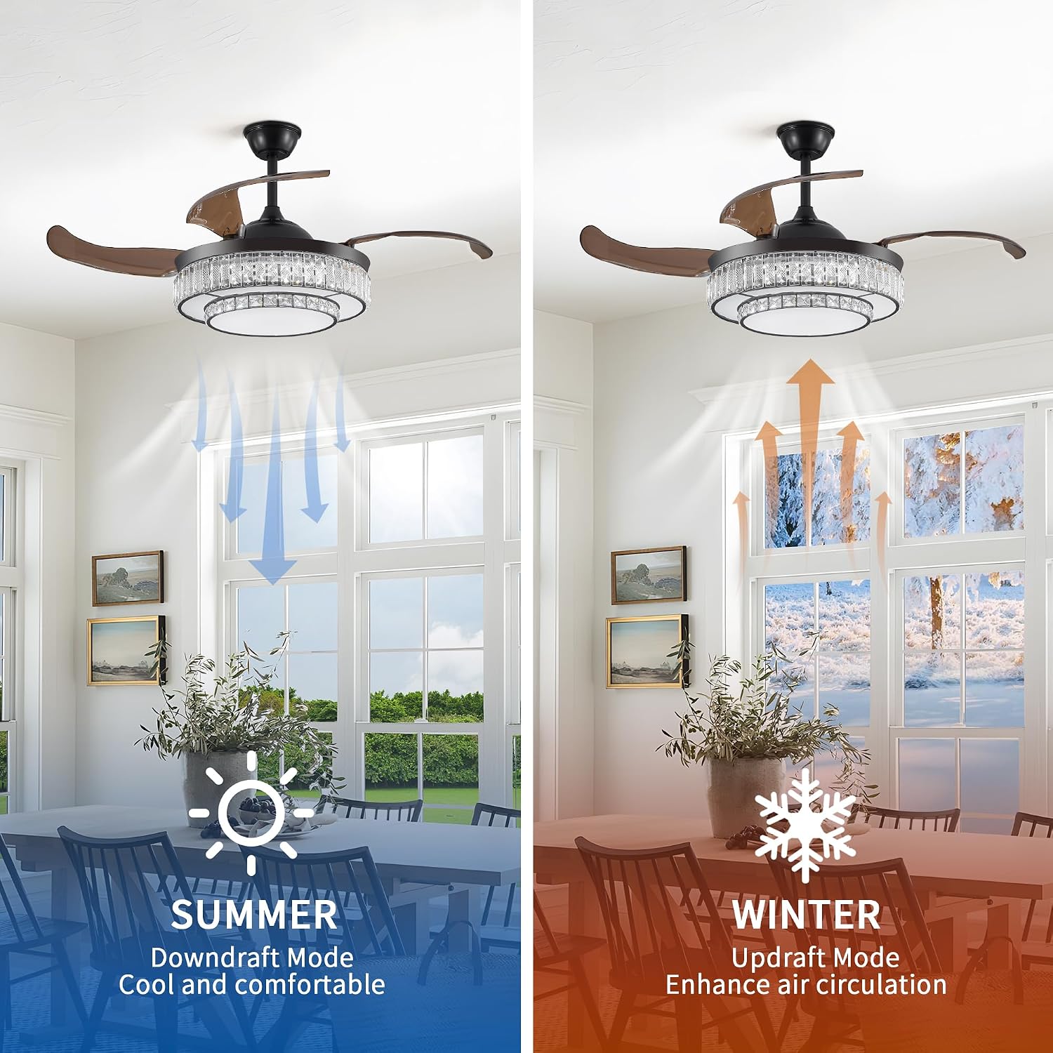 48 Inch Invisible Crystal Chandelier Fan with Remote Control, Modern Retractable Ceiling Fan Light, Black Fandelier for Bedroom, Living Room, Home Decor