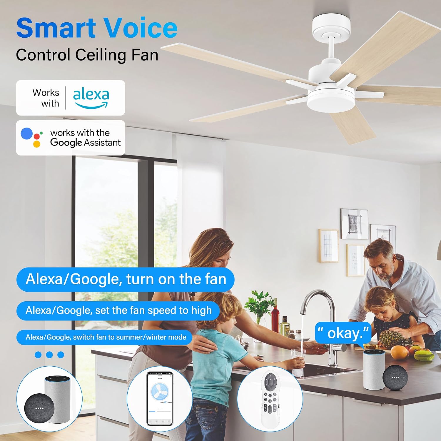 Lorpies 52' Smart Ceiling Fan with Lights Remote,Voice Control via Alexa Google WIFI App,Ultra Quiet DC Motor,Outdoor Indoor Modern Ceiling Fans,6-Speed for Bedroom Patio Porch,White and Wood Color