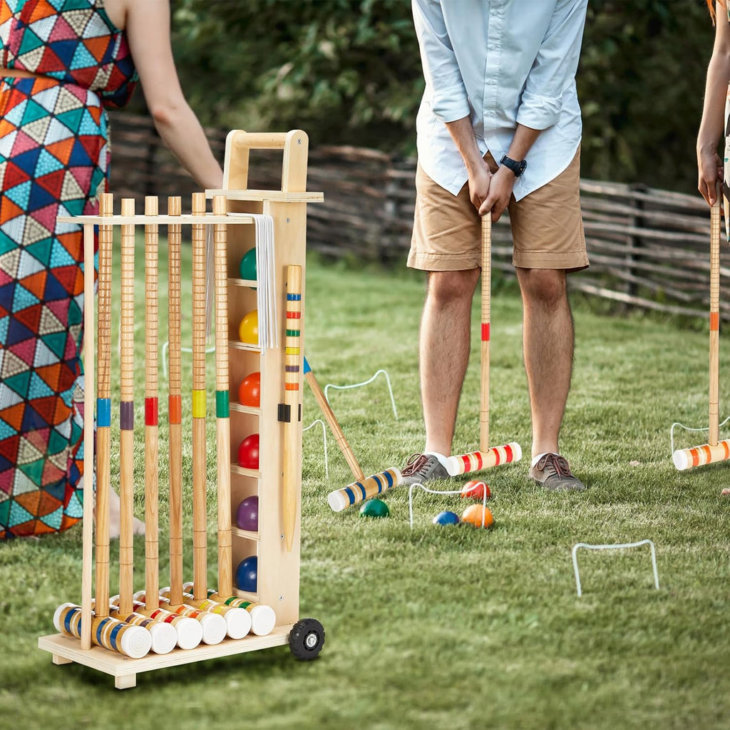 Hiboom 6 Player Croquet Set for Adults with Wooden Stand, Rubber Wooden Mallets, Colored Balls and Steel Wicket for Family & Friends, Great for Outdoor Lawn, Backyard Park