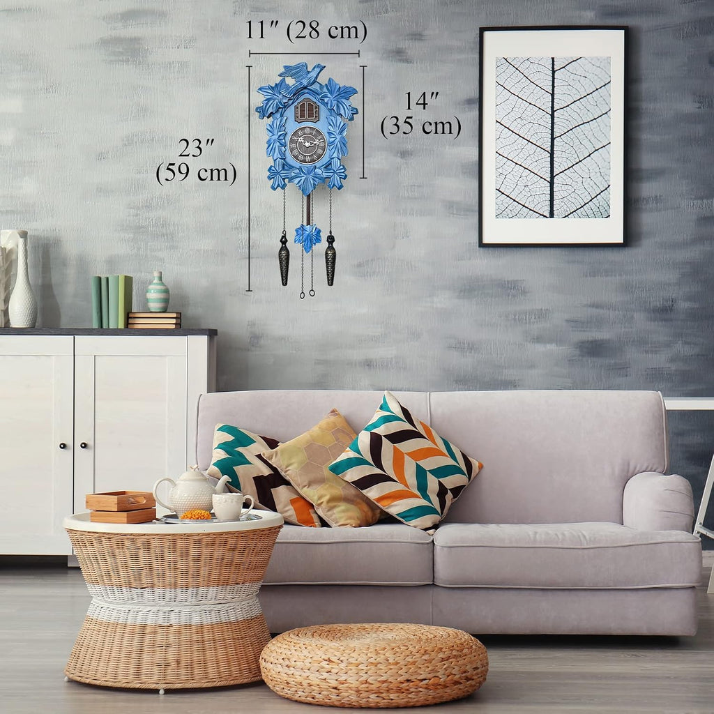 TIMEGEAR Cuckoo Clock with Night Mode, Hand Carved Decorations and Swinging Pendulum (Blue)