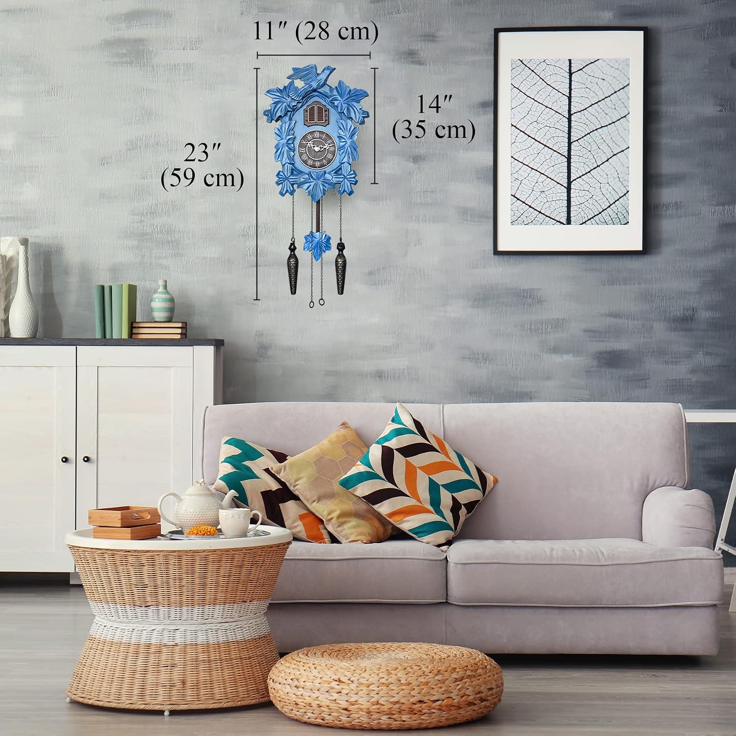 TIMEGEAR Cuckoo Clock with Night Mode, Hand Carved Decorations and Swinging Pendulum (Blue)