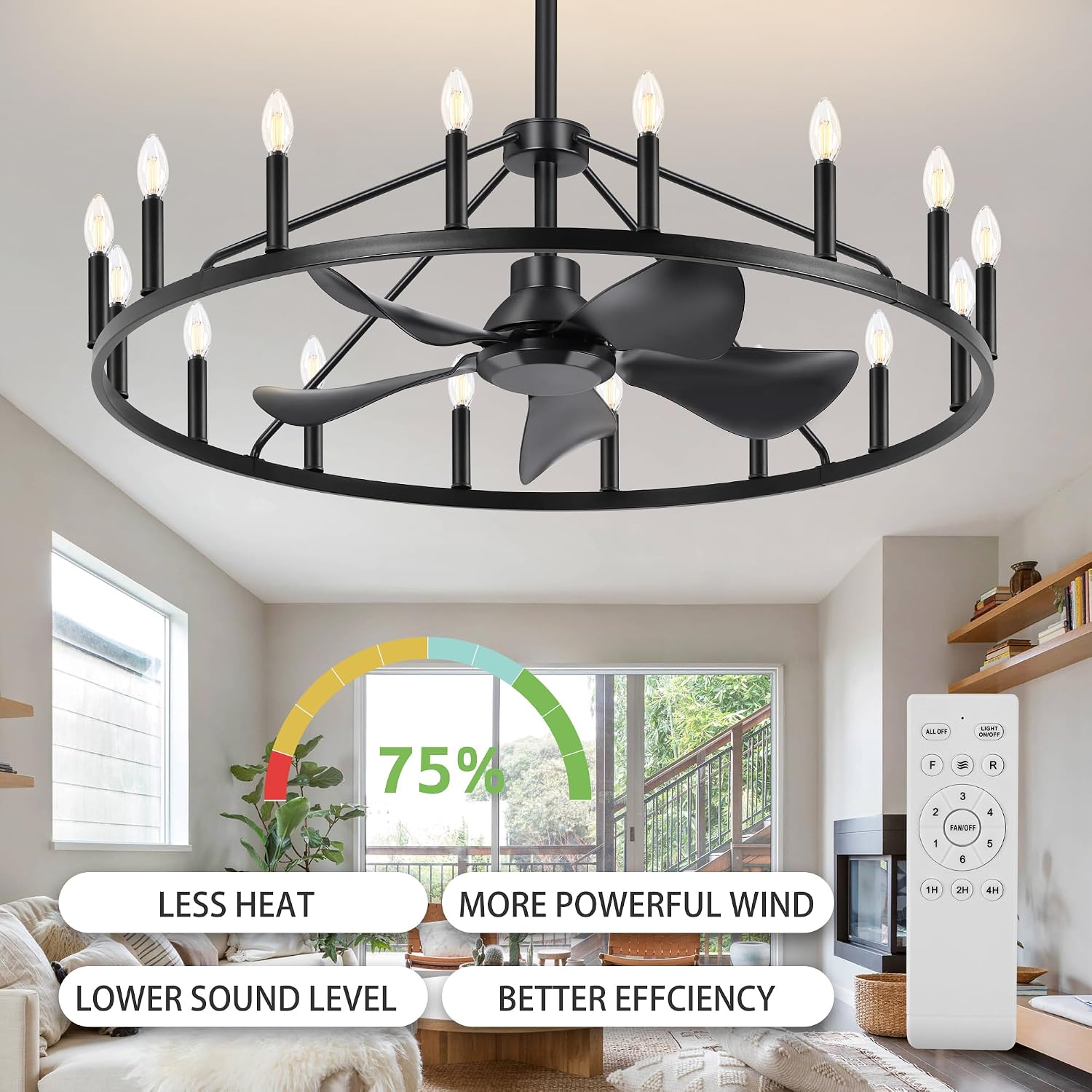 She's home 43' Black Wagon Wheel Chandelier Farmhouse Ceiling Fan with Light and Remote,16-Lights Large Fandelier with Candle,Rustic Big Light Fixture for Living Room