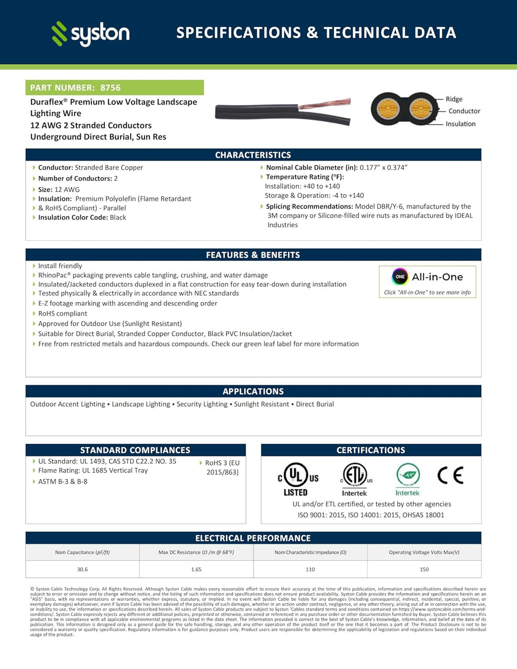 SYSTON 12/2 Low Voltage Landscape Lighting Direct Burial Stranded Wire Cable, 12 Gauge 2 Copper Conductors for Outdoor Spotlight Pathway Lighting and More Low Voltage Applications Use - 500 FT