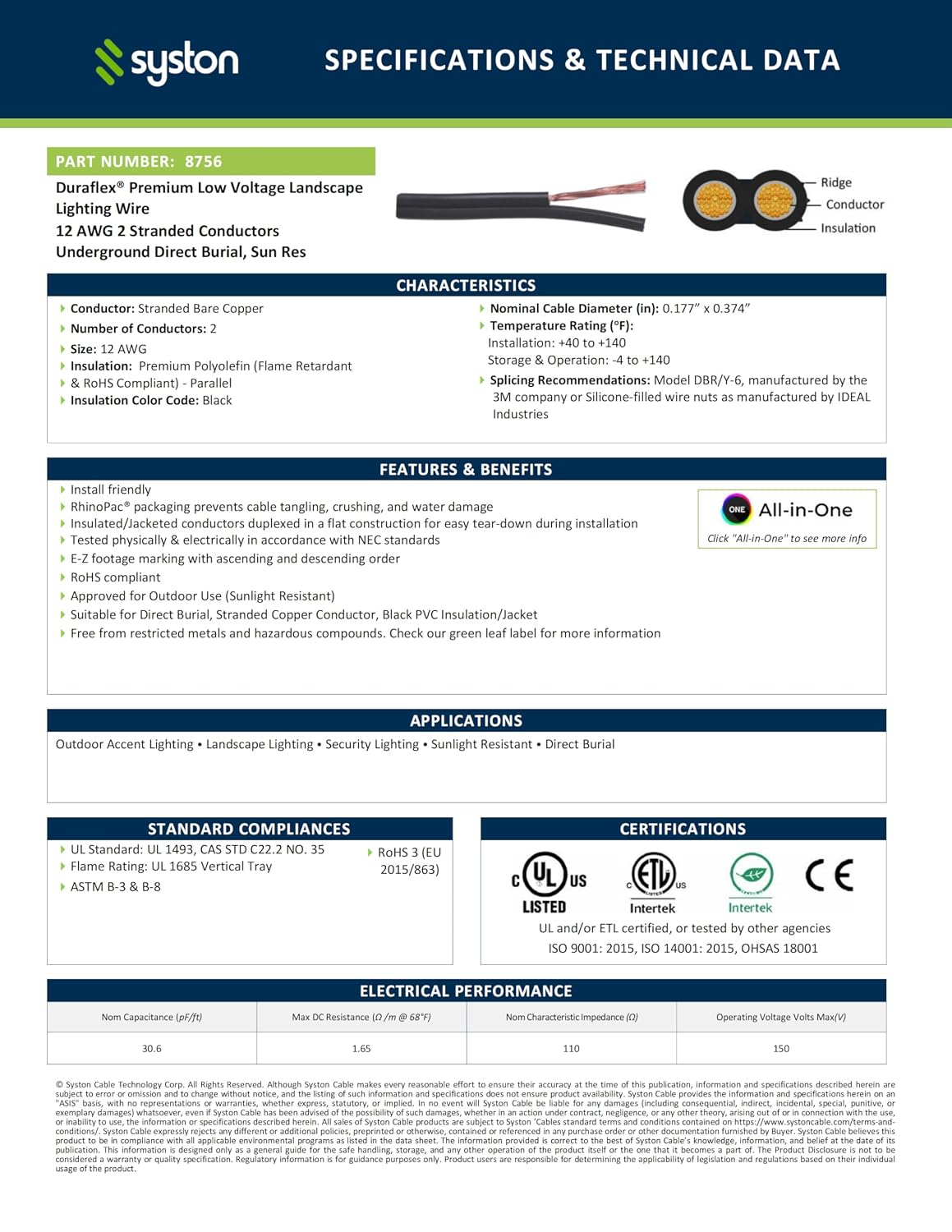 SYSTON 12/2 Low Voltage Landscape Lighting Direct Burial Stranded Wire Cable, 12 Gauge 2 Copper Conductors for Outdoor Spotlight Pathway Lighting and More Low Voltage Applications Use - 500 FT