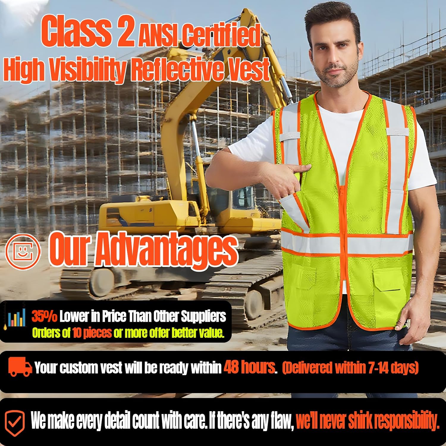 BeautyWill Custom Safety Vest Customized Logo Class 2 High Visibility Reflective Vest with Pockets Construction workwear