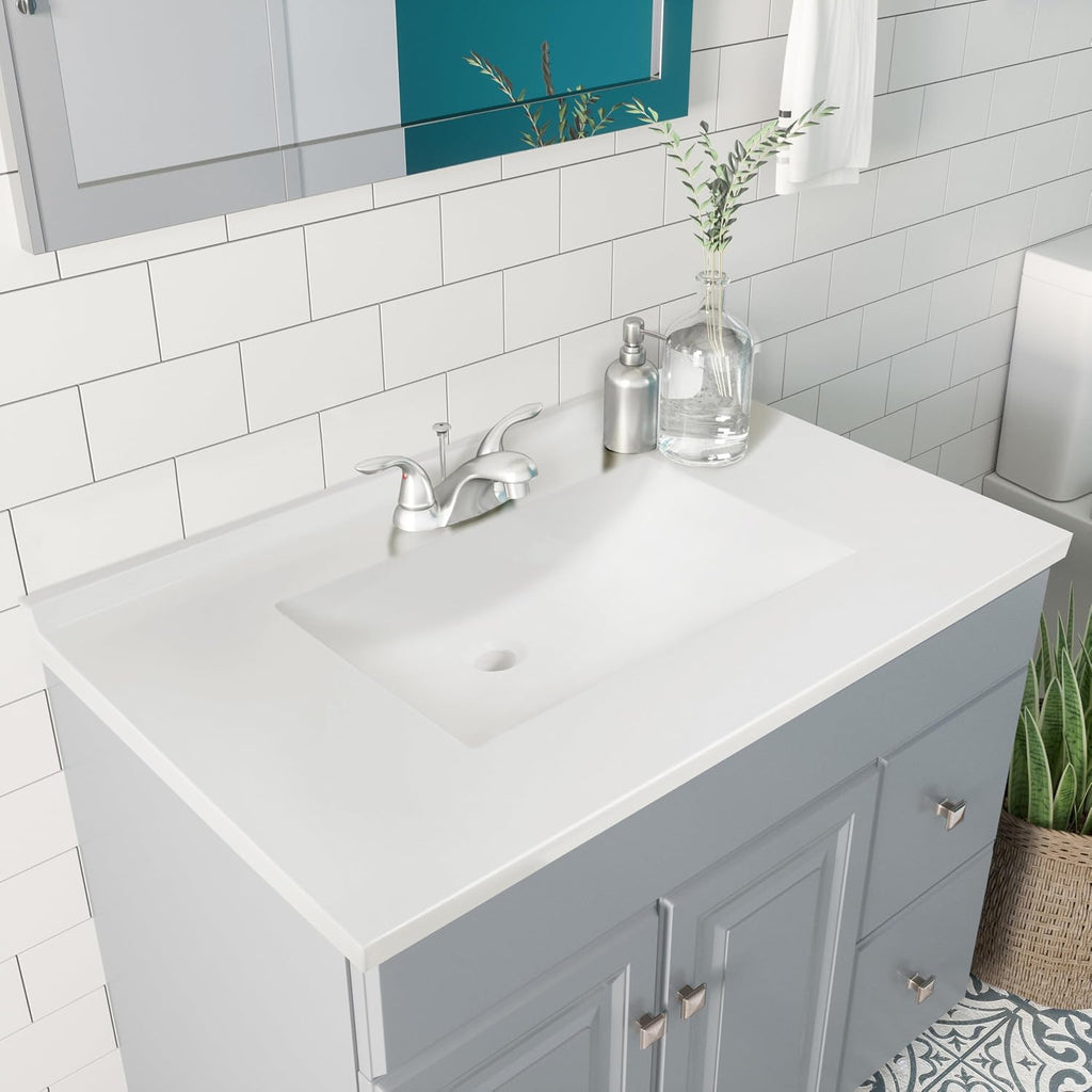Design House 630236 Camilla Cultured Marble Vanity Top Single Bowl Sink 4-Inch Centerset with Integrated Backsplash, 37-Inch, Solid White