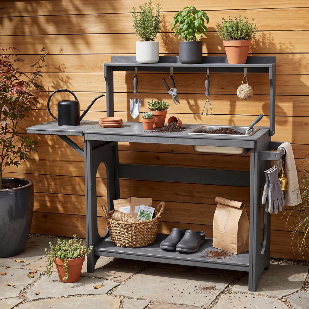 Outdoor Potting Bench Table with Removable Sink, Heavy Duty, Gray | All-weather HIPS, sleek gray finish, fold-out 51.8 in worktop, 7 tool hooks, storage shelves, 240 lb load, no rot or sealing