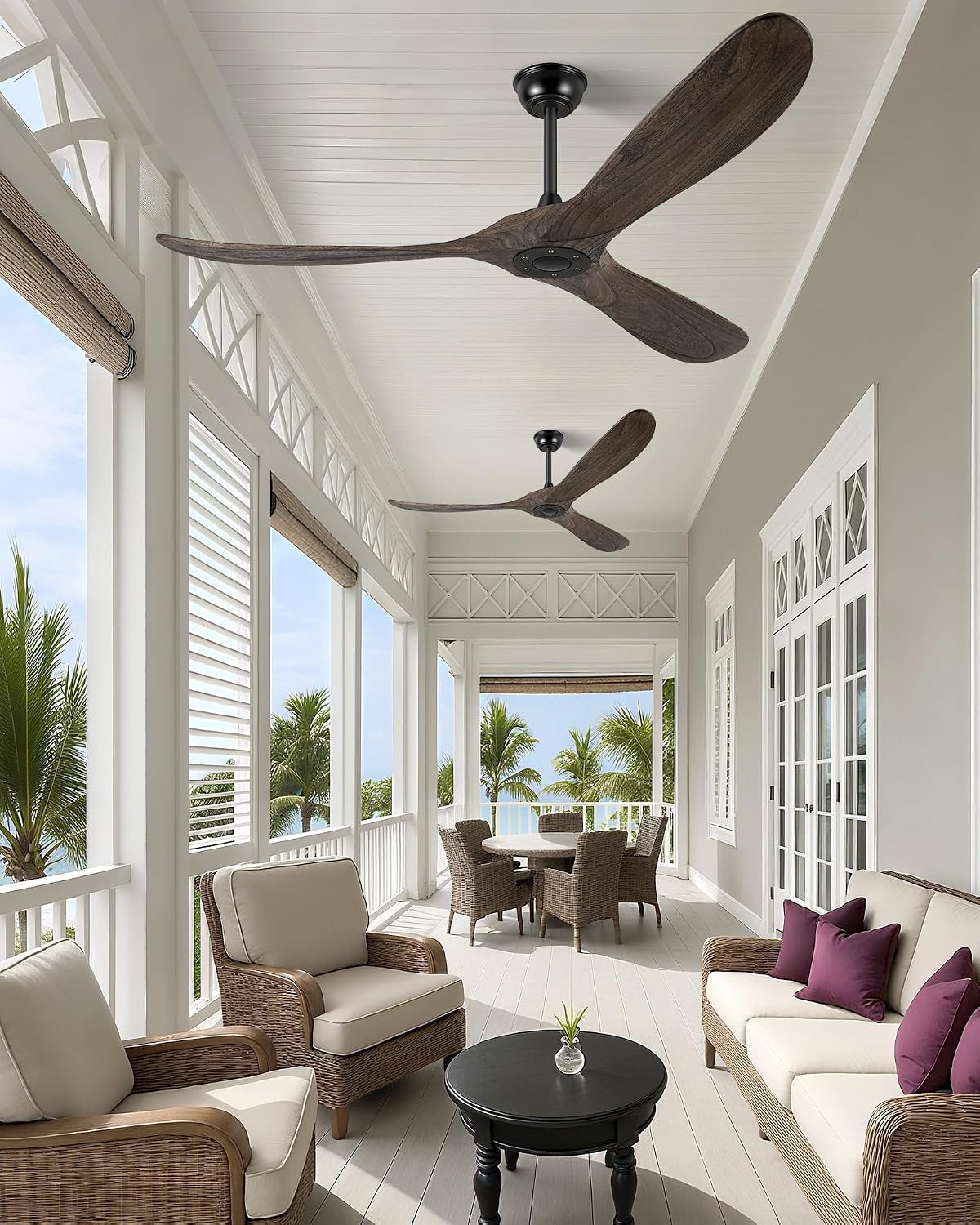 60' Ceiling Fans Without Light, Solid Wood Ceiling Fan No Light with Remote Control and DC Motor, Outdoor Ceiling Fan with 3 Blades, Outdoor fan for Patios - Deep Brown