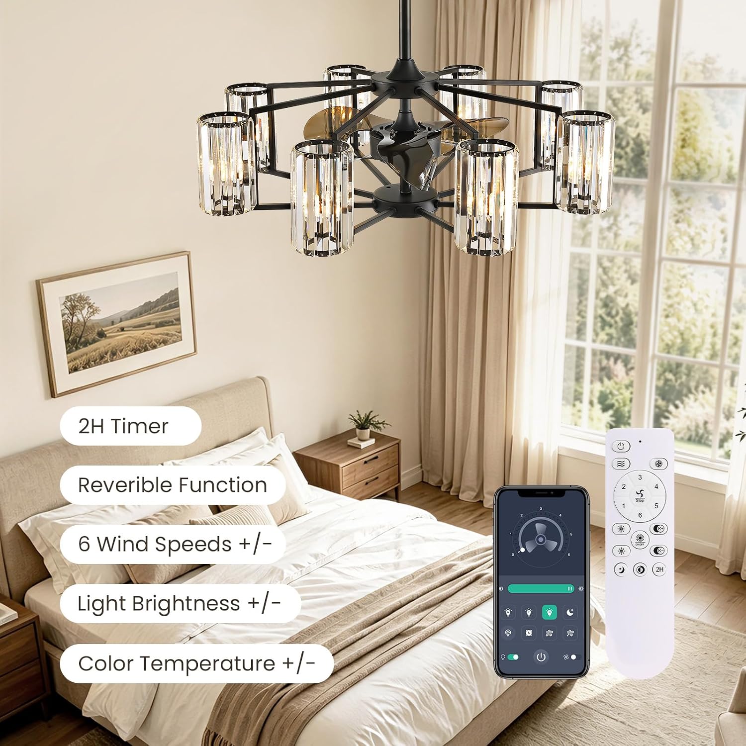 36' Large Crystal Fandelier Dimmable 6-Light Vintage Flush Mounted Chandelier Ceiling Fan Black Ceiling Fans with Lights and Remote for Dining Living Room Kitchen