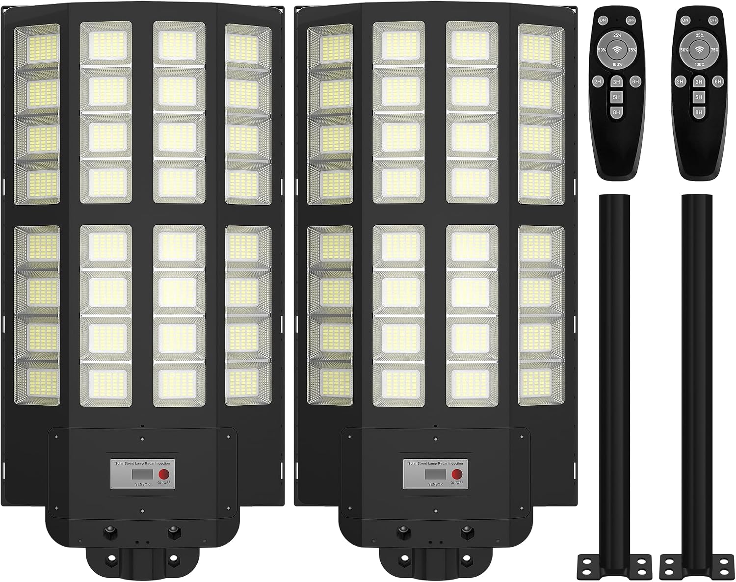 Solar Street Light Outdoor Waterproof, 6500K 1500W Motion Sensor Light Dusk to Dawn, 200000LM Parking Lot Wall Light with Remote Control, Wide Lighting Angle LED Flood Lights for Yard, 2 Pack