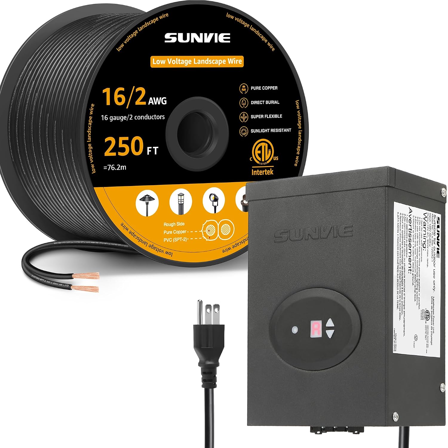 SUNVIE 250FT 16/2 Low Voltage Landscape Wire and 300W Low Voltage Landscape Transformer for Landscaping Lights, 120V to 12V/14V AC, Photecell Sensor, Timer, Pure Copper, Direct Burial, ETL-Listed
