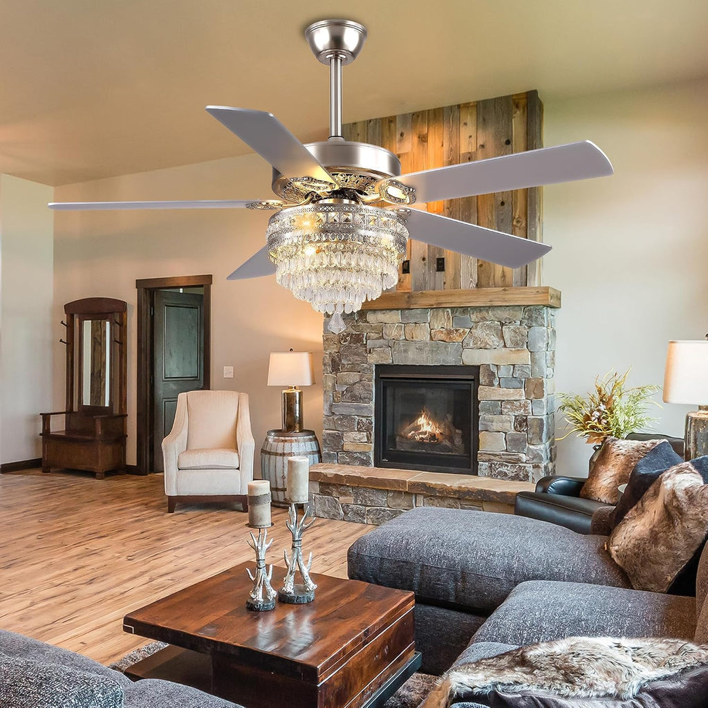 GJeg Crystal Ceiling Fan Fandelier with Lights - Retro Outdoor Fans with Remote Control, Farmhouse Ceiling Fan with Noiseless AC Reversible Motor,Dining Room,Living Room(52' Silver)