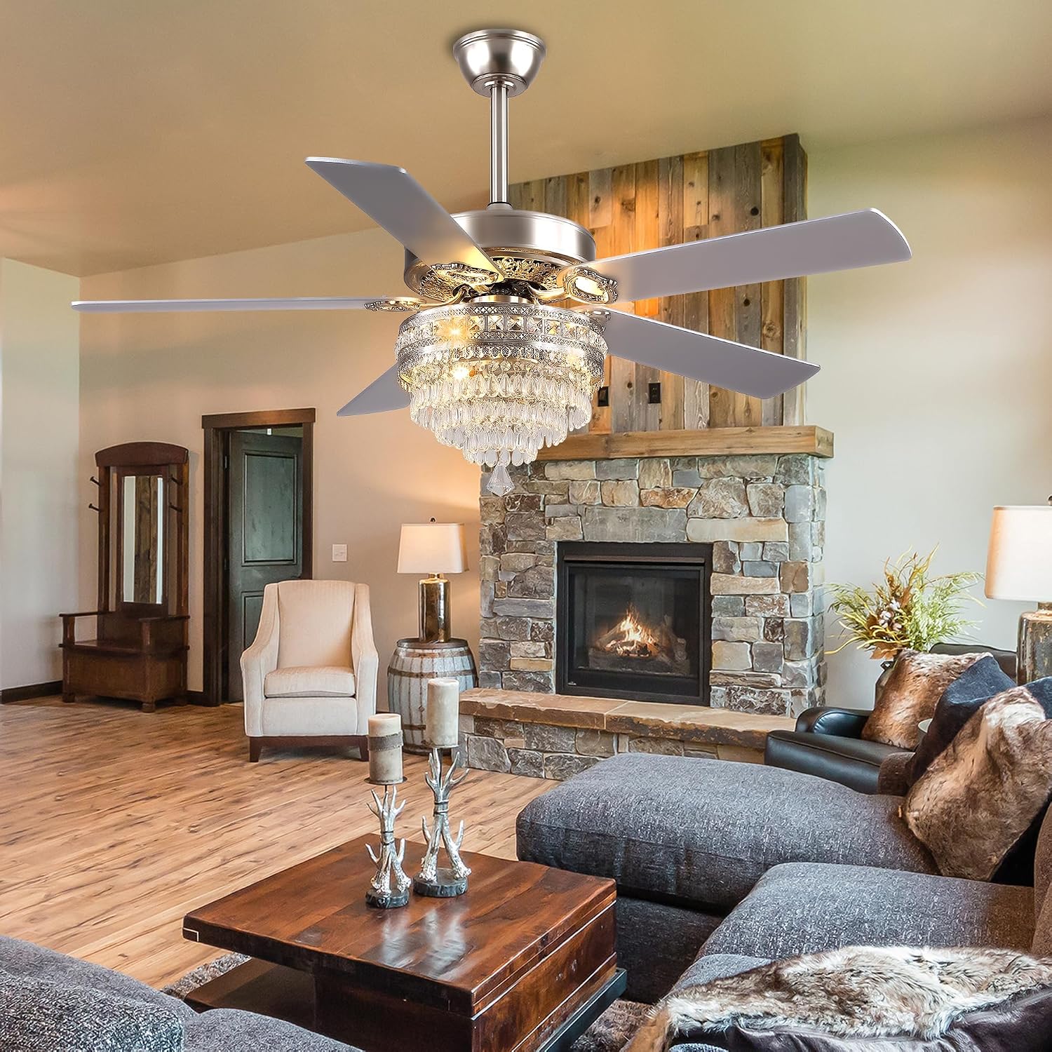 GJeg Crystal Ceiling Fan Fandelier with Lights - Retro Outdoor Fans with Remote Control, Farmhouse Ceiling Fan with Noiseless AC Reversible Motor,Dining Room,Living Room(52' Silver)