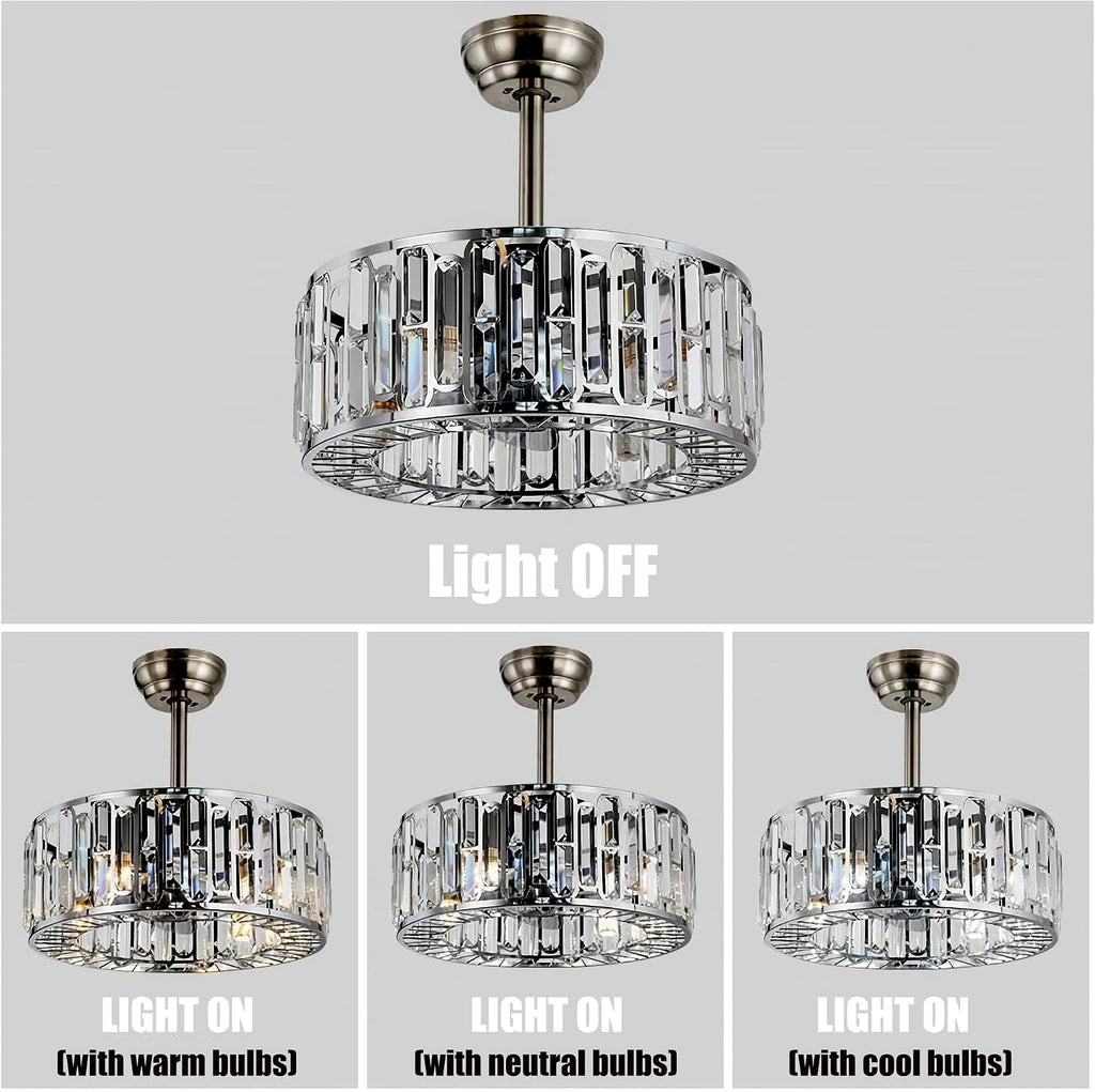 Fandian 18' Industrial Caged Ceiling Fan with Light,Bladeless Fan with 3 Speeds, Farmhouse Crystal Fandelier with Remote Control, Chrome Silver Chandelier Fan for Dining Bedroom