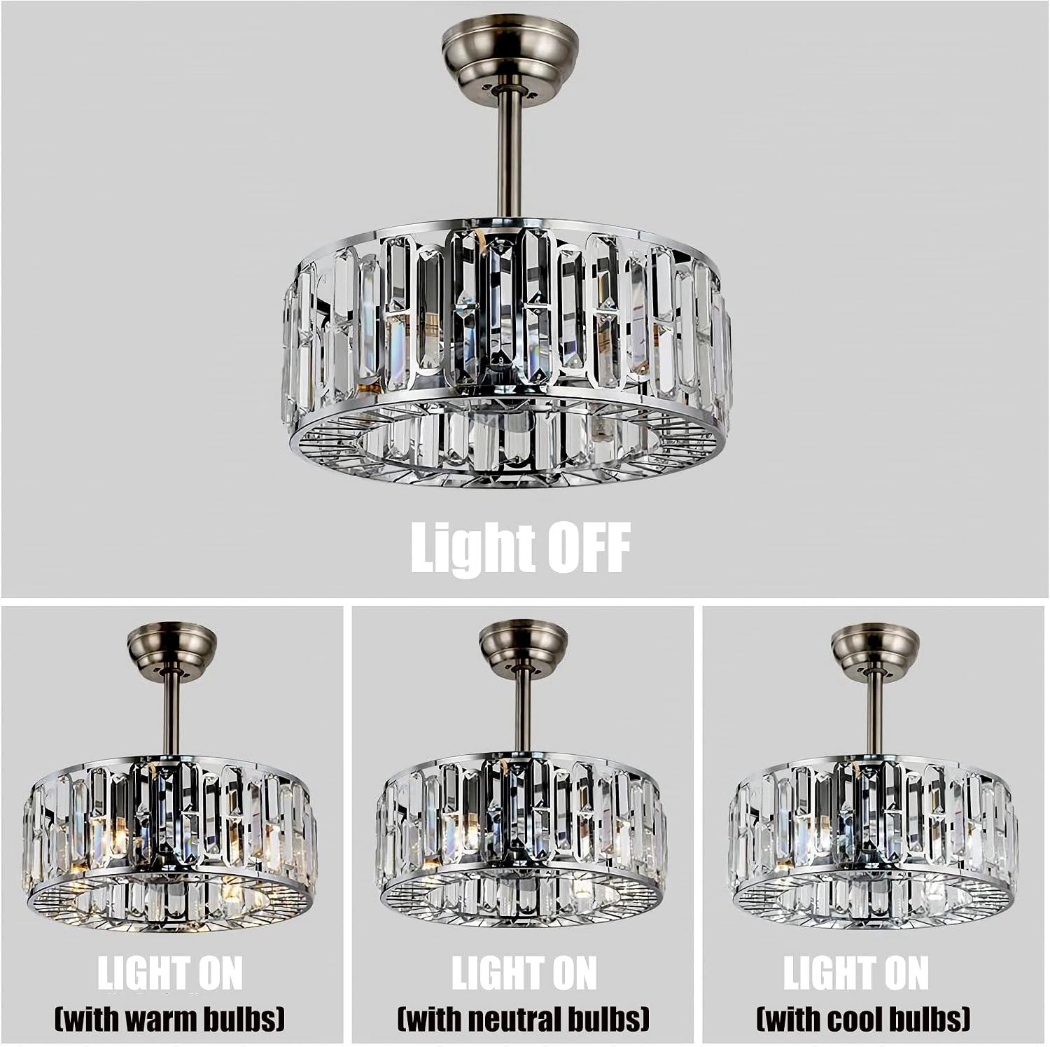 Fandian 18' Industrial Caged Ceiling Fan with Light,Bladeless Fan with 3 Speeds, Farmhouse Crystal Fandelier with Remote Control, Chrome Silver Chandelier Fan for Dining Bedroom