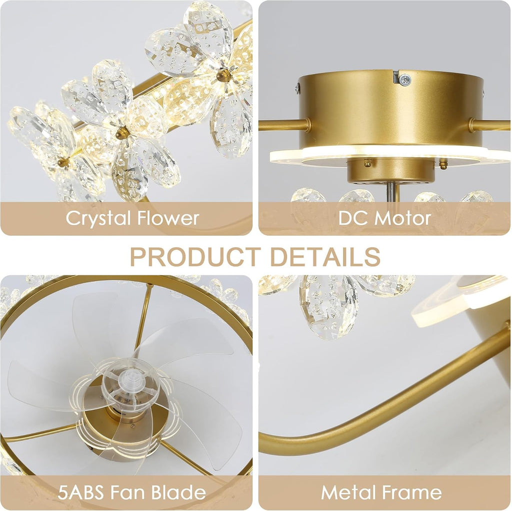 22' Gold Crystal Fandelier Ceiling Fans with Lights,Gold Flower Ceiling Fan with Light Remote Control, Low Profile Flush Mount Ceiling Fan for Girl's Bedroom, Kid's Room